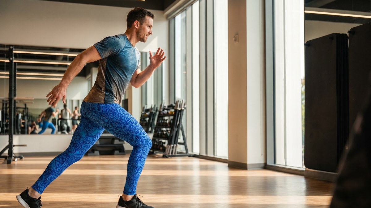 Lifestyle image of a model wearing Blue and Navy Henna Tattoo Meggings from GearBunch