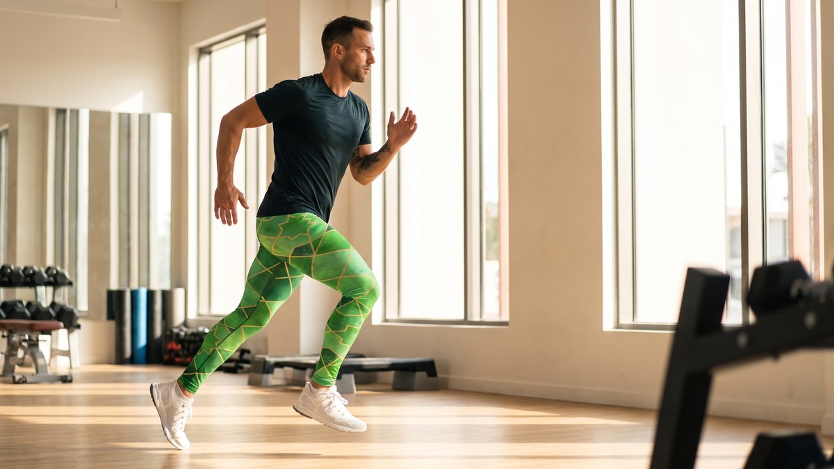 Lifestyle image of a model wearing Emerald Jewel Meggings from GearBunch