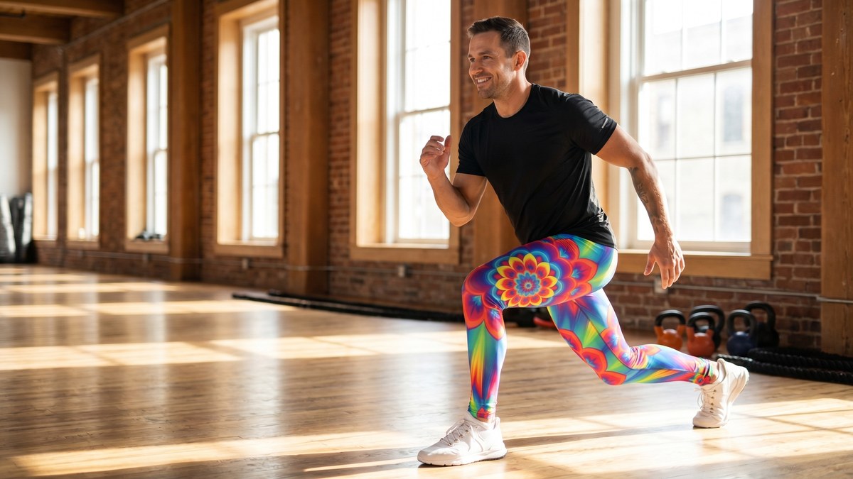Lifestyle image of a model wearing Psychedelic Neon Rainbow Burst Meggings from GearBunch
