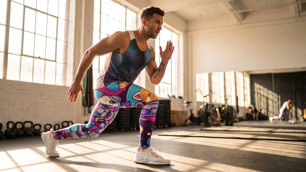 Lifestyle image of a model wearing Vibrant Space Animals Meggings from GearBunch
