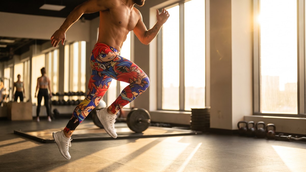 Lifestyle image of a model wearing Anime Collage Street Fighter Meggings from GearBunch