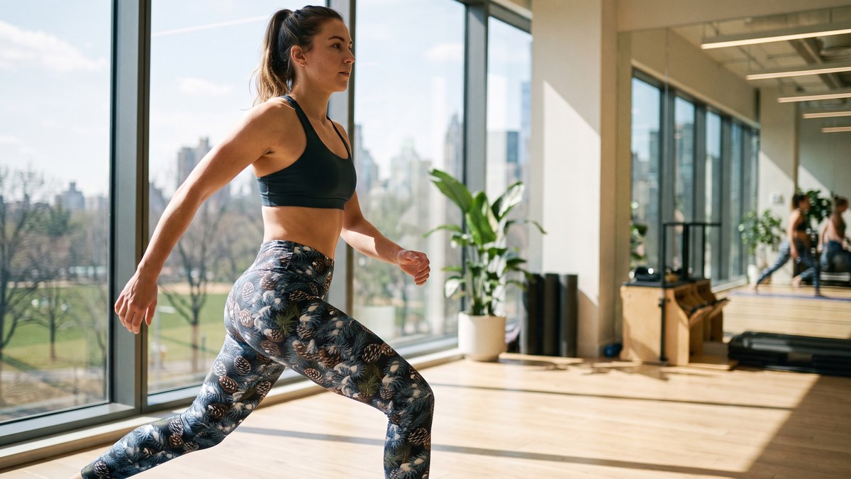 Lifestyle image of a model wearing Winter Pine Cone Leggings from GearBunch