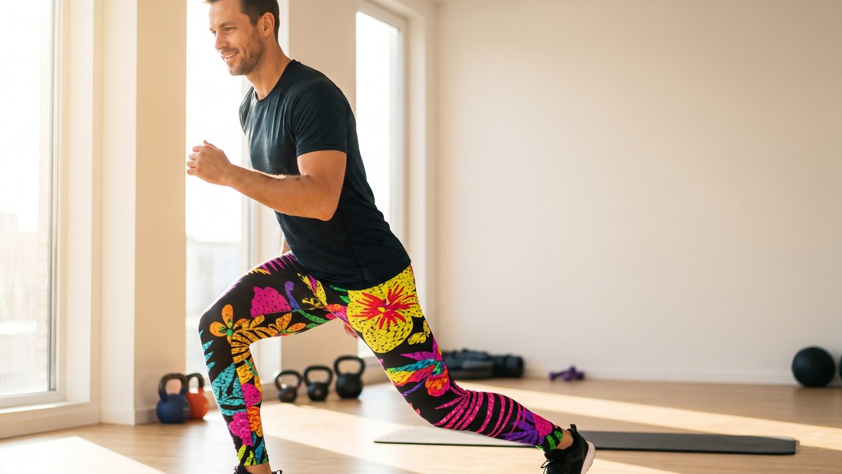 Lifestyle image of a model wearing Rainbow Tropical Print Meggings from GearBunch