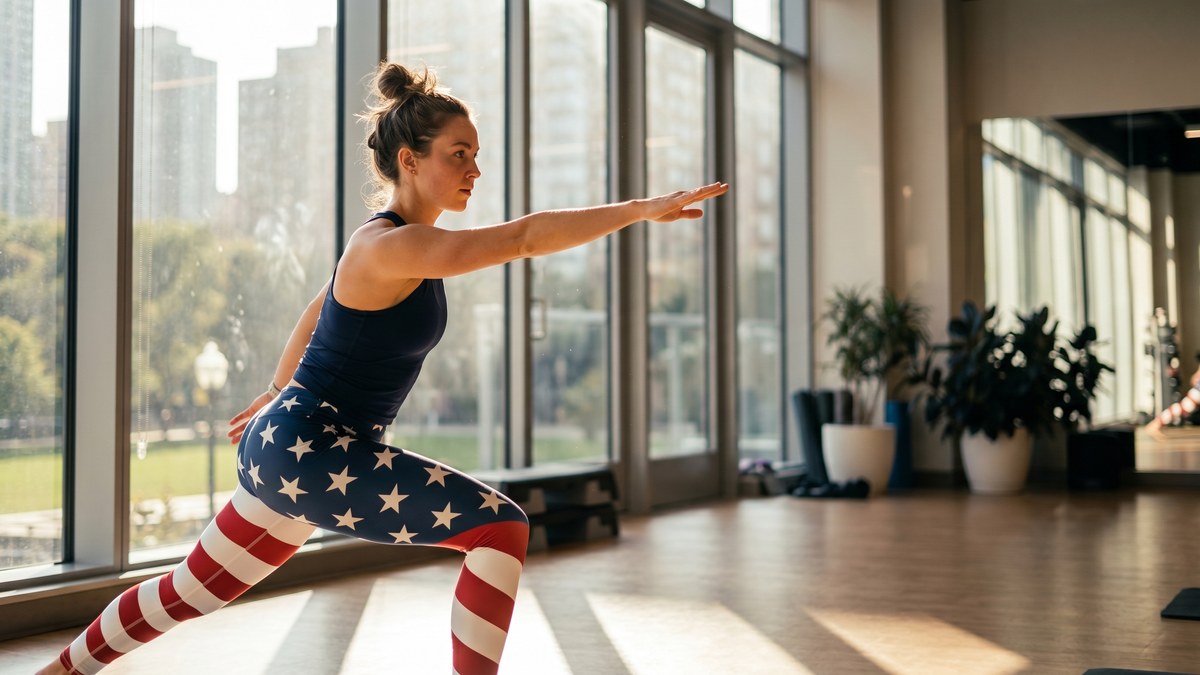 Mother and daughter wearing matching American flag leggings in a park