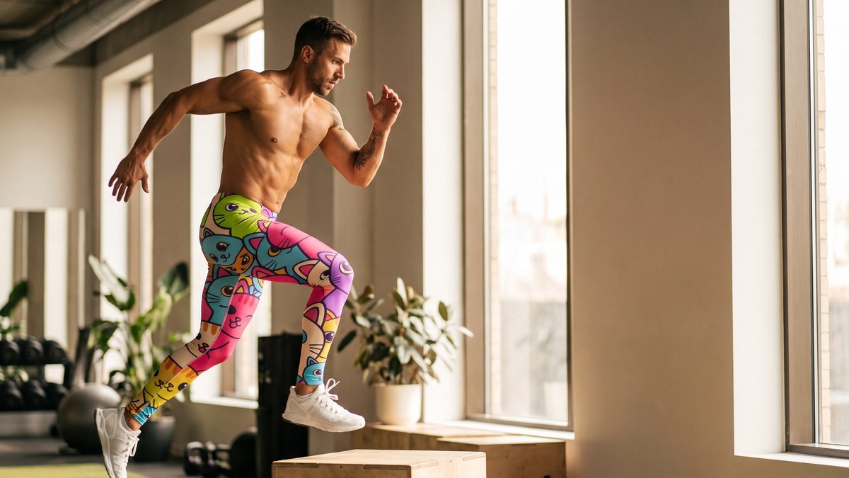 Lifestyle image of a model wearing Vibrant Cats Everywhere Meggings from GearBunch