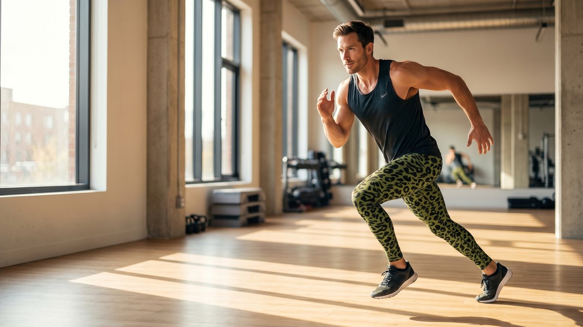 Lifestyle image of a model wearing Olive Green Leopard Skin Meggings from GearBunch