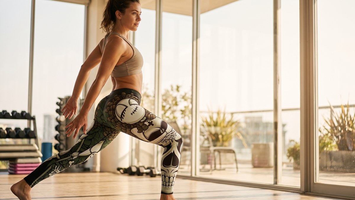 Lifestyle image of a model wearing Bloody Zombie Comic Battle Flare Leggings from GearBunch