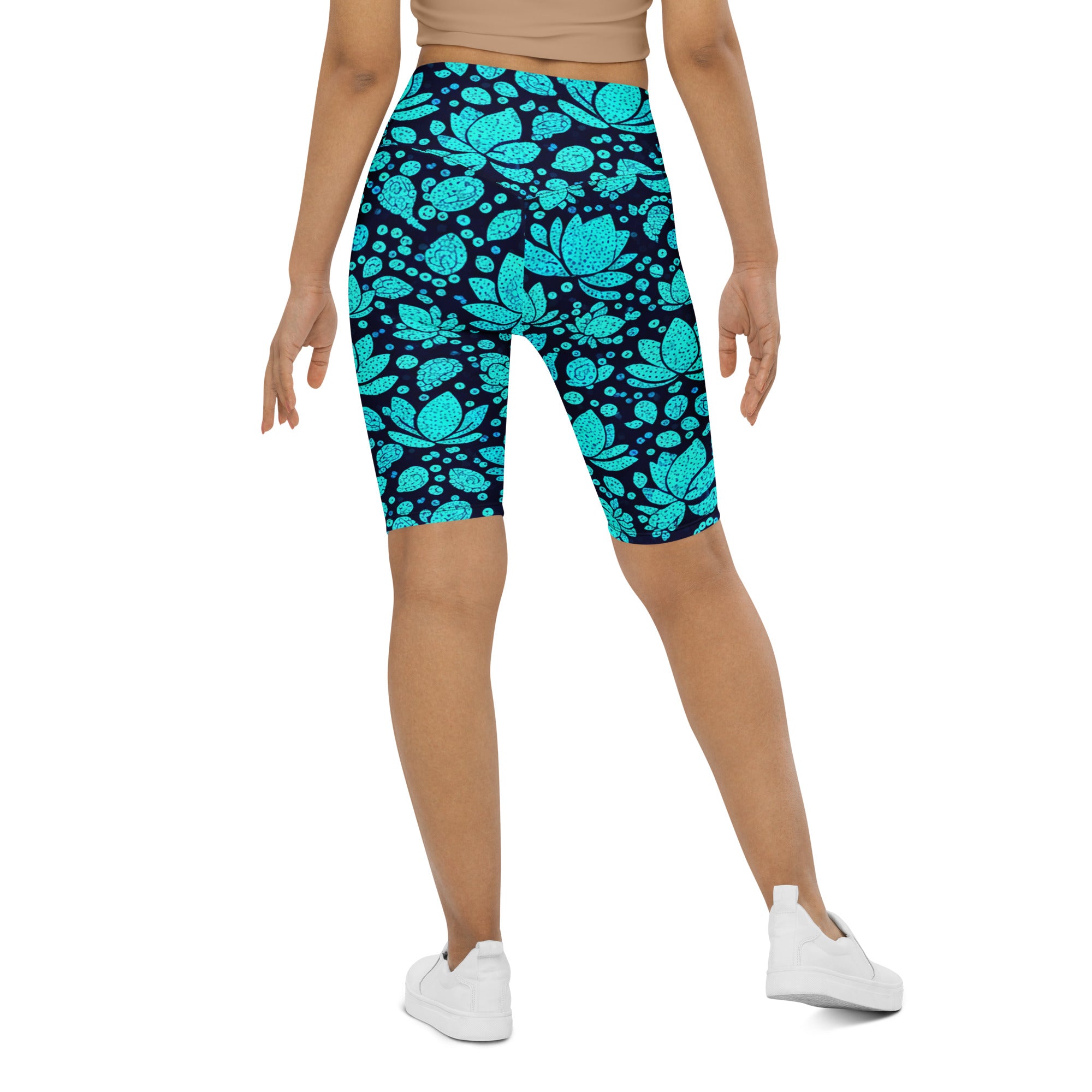 Teal Paillette Lotus Bike Shorts | GearBunch