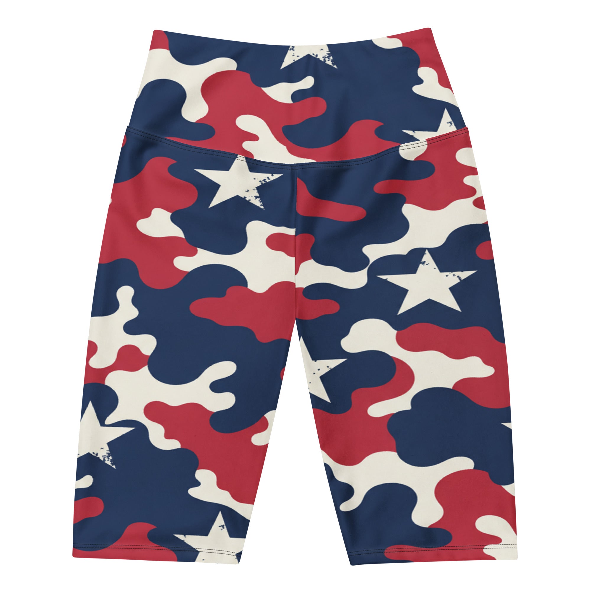 Women's red white blue camo stars bike shorts front view