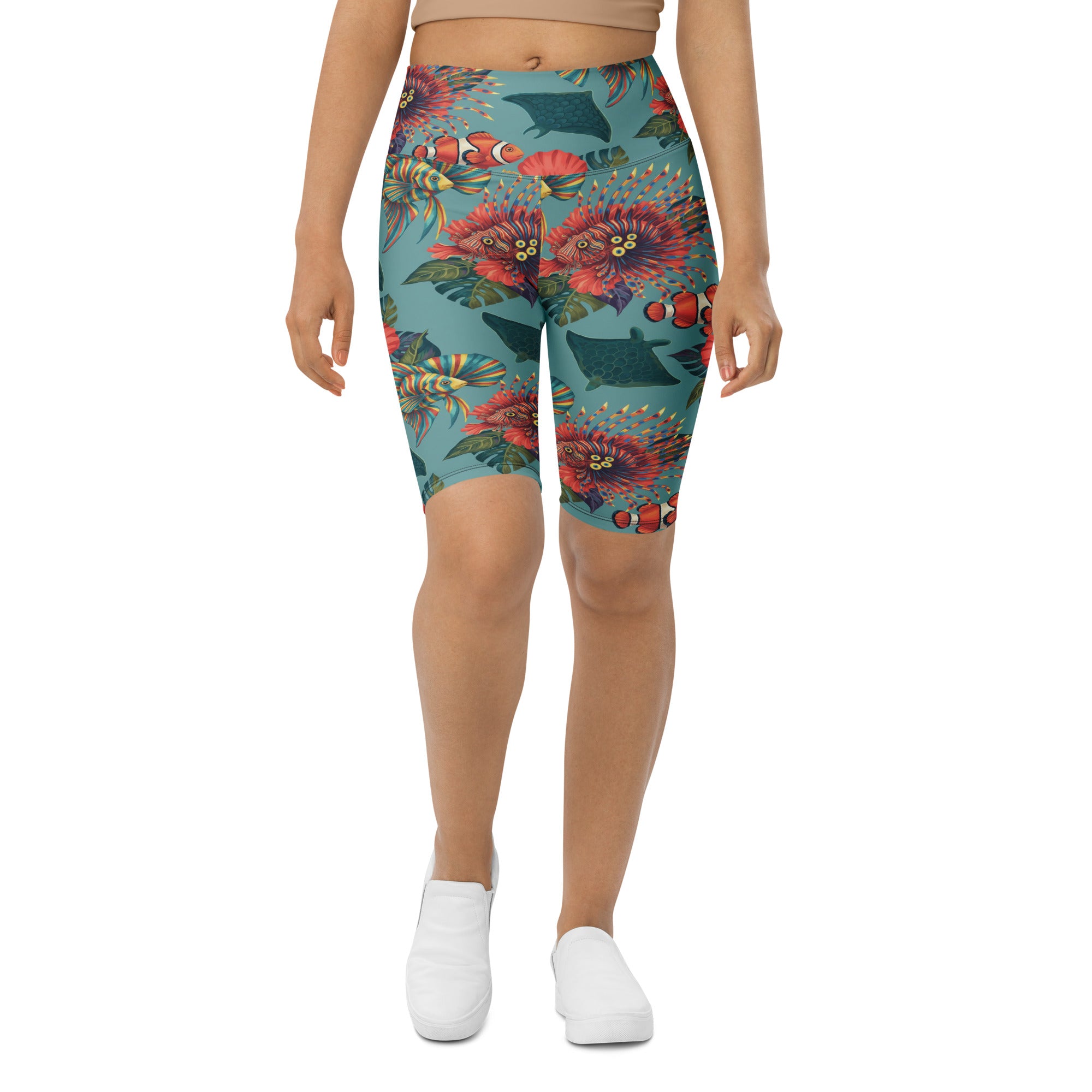 Women's colorful tropical fishes printed bike shorts front view