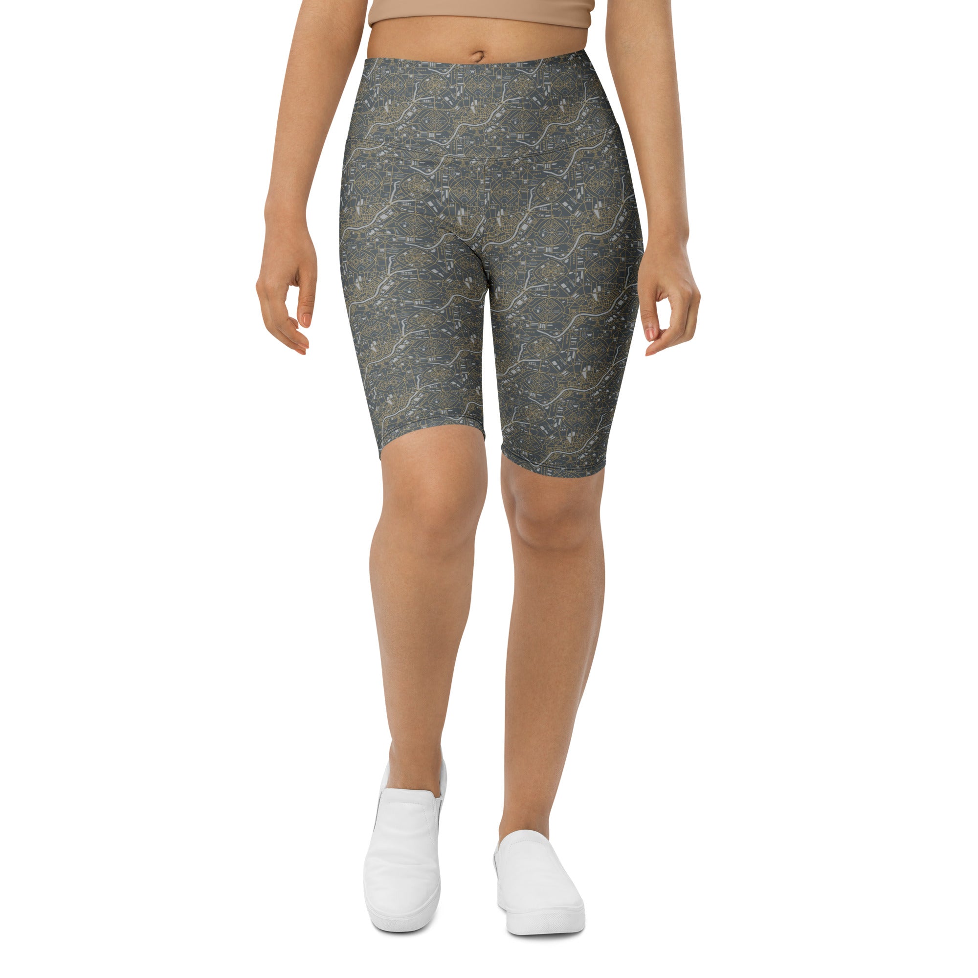 Women's grey gold paris map bike shorts front view