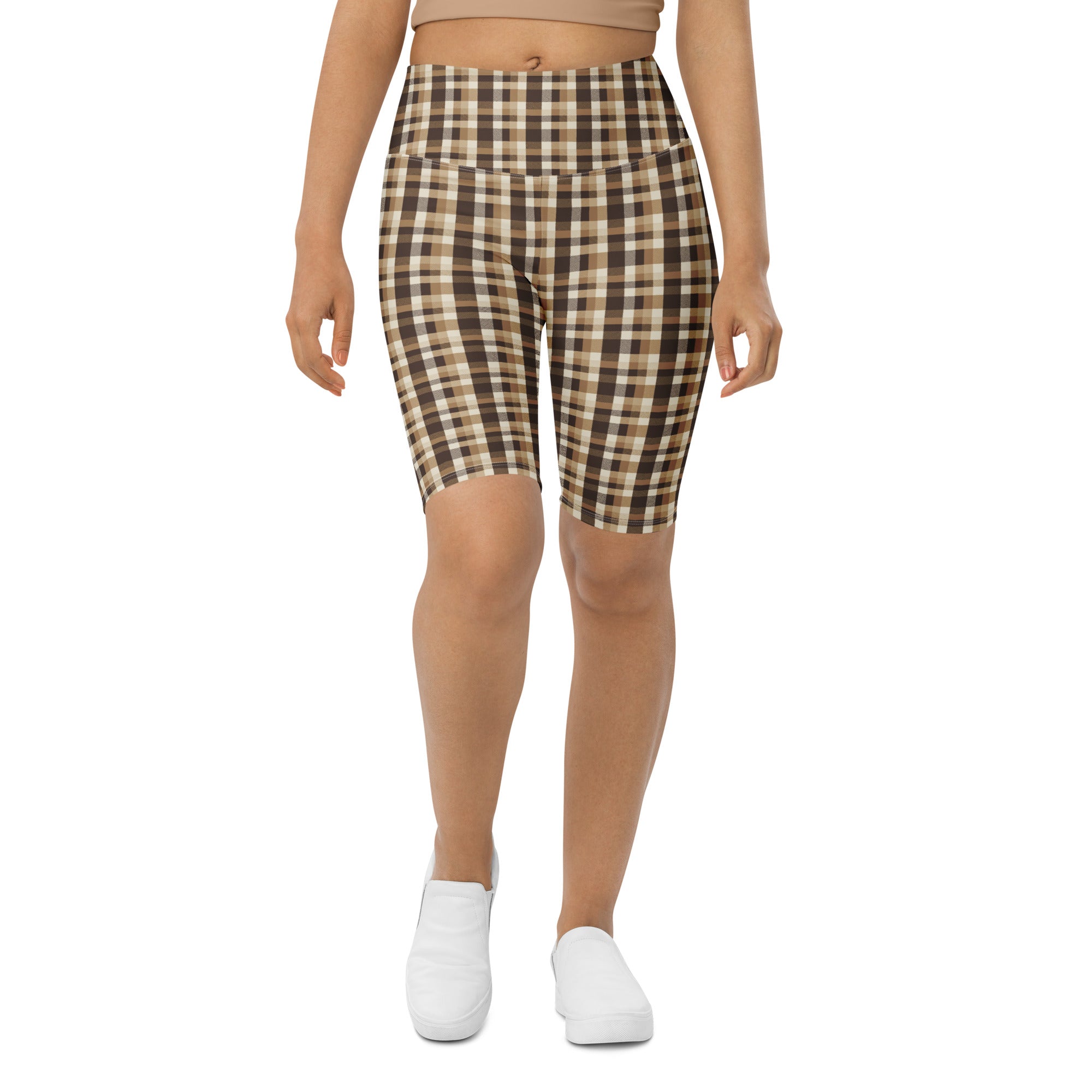 Women's gingham brown autumn bike shorts front view