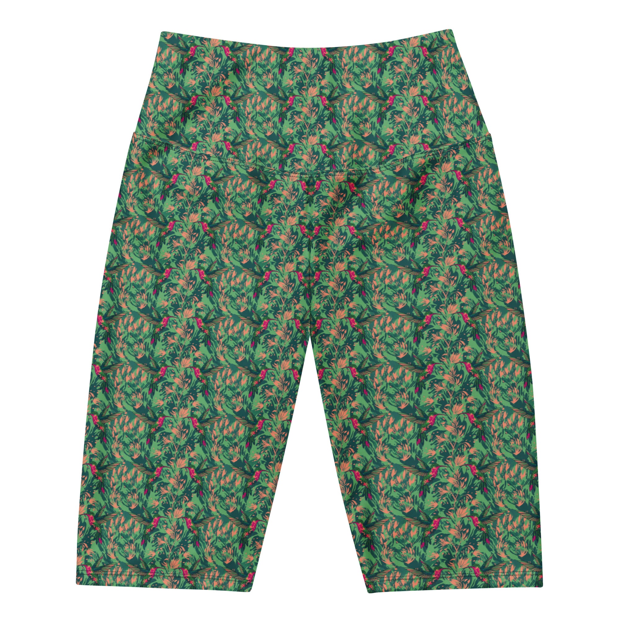 Women's ruby-throated hummingbird bike shorts front view