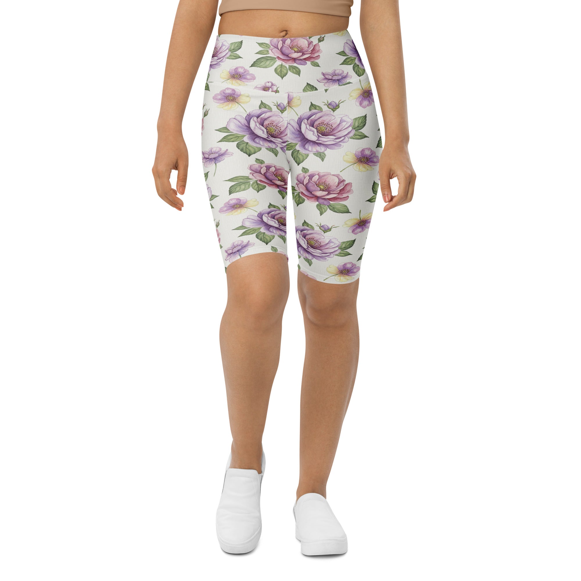Women's watercolour wildflowers printed bike shorts front view