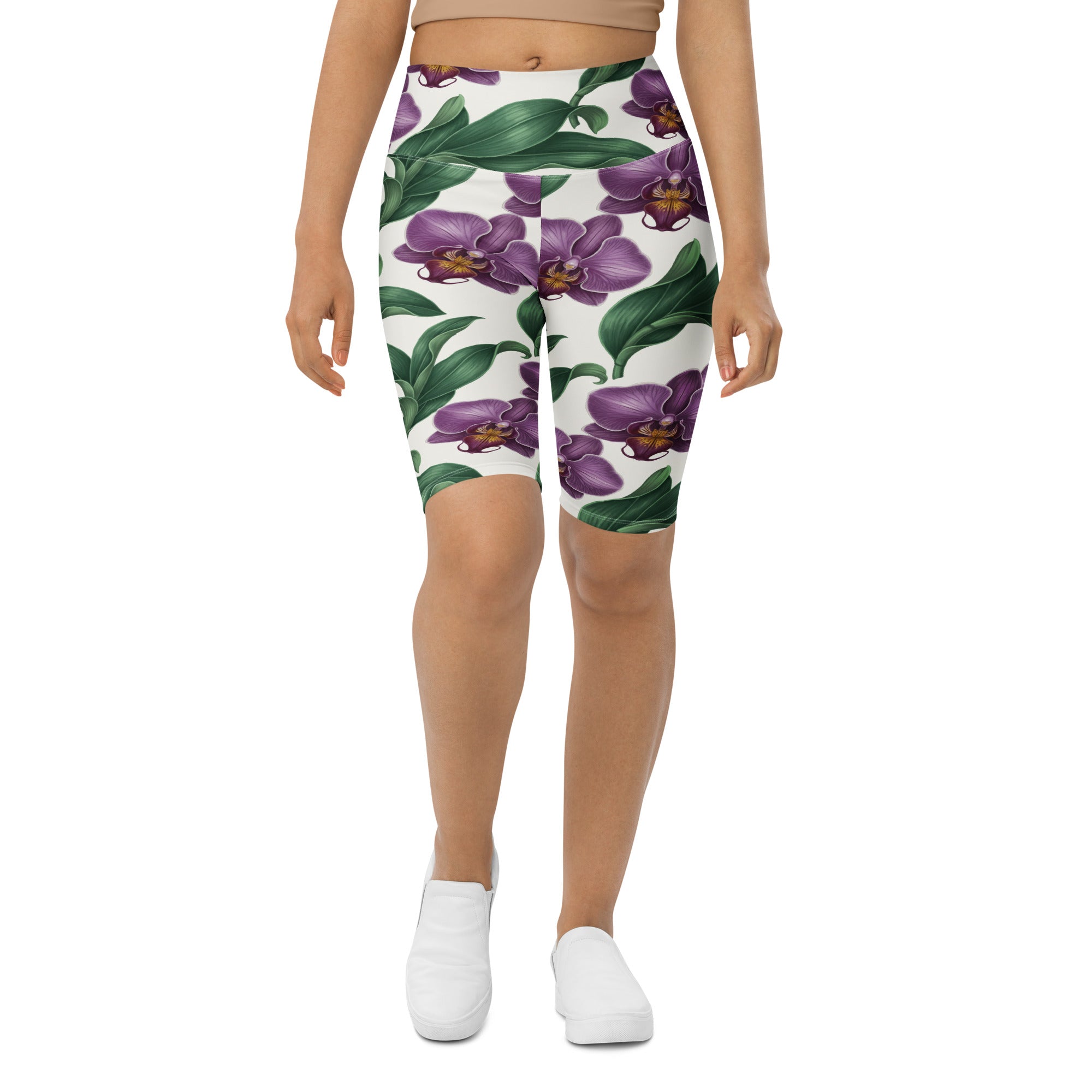 Women's vintage orchid botanical printed bike shorts front view