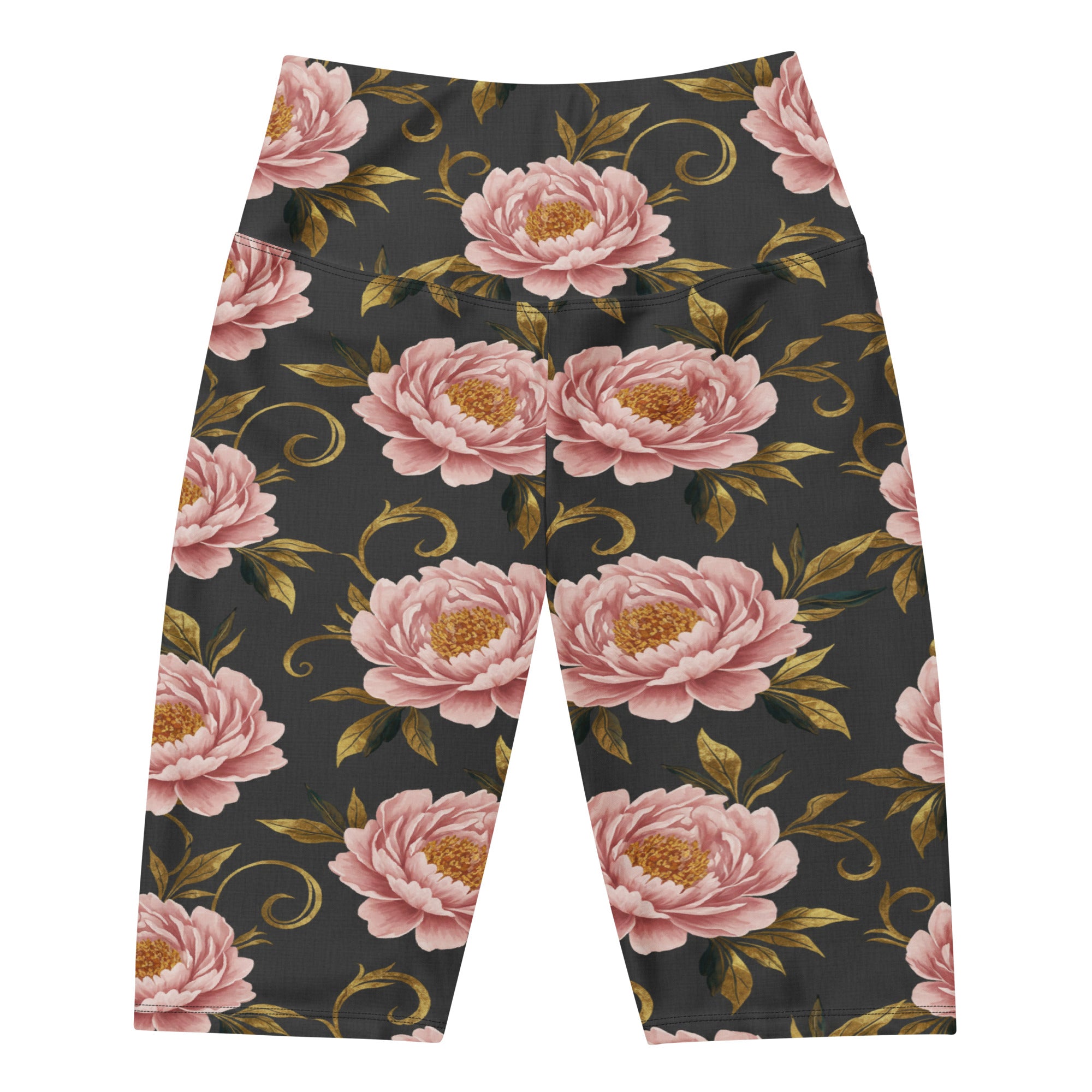 Women's blush peonies and gold bike shorts front view