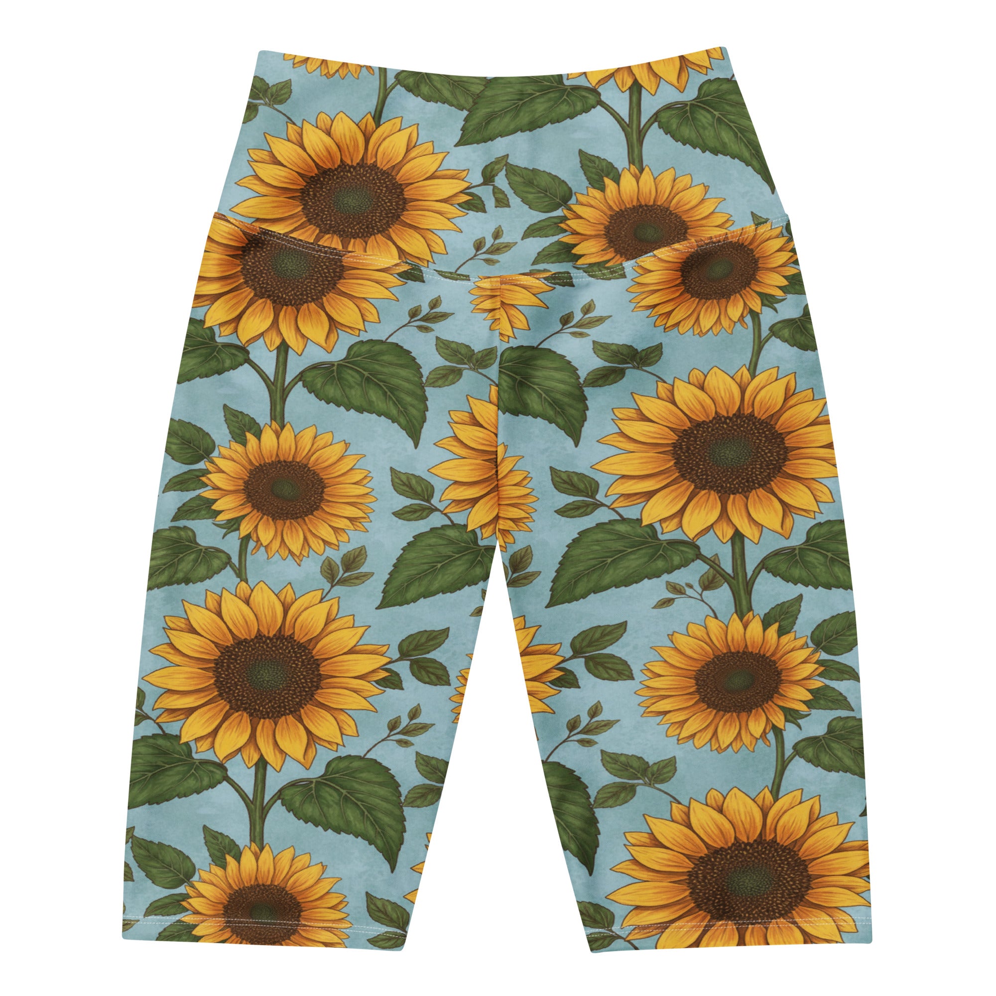 Women's sunflower fields printed bike shorts front view