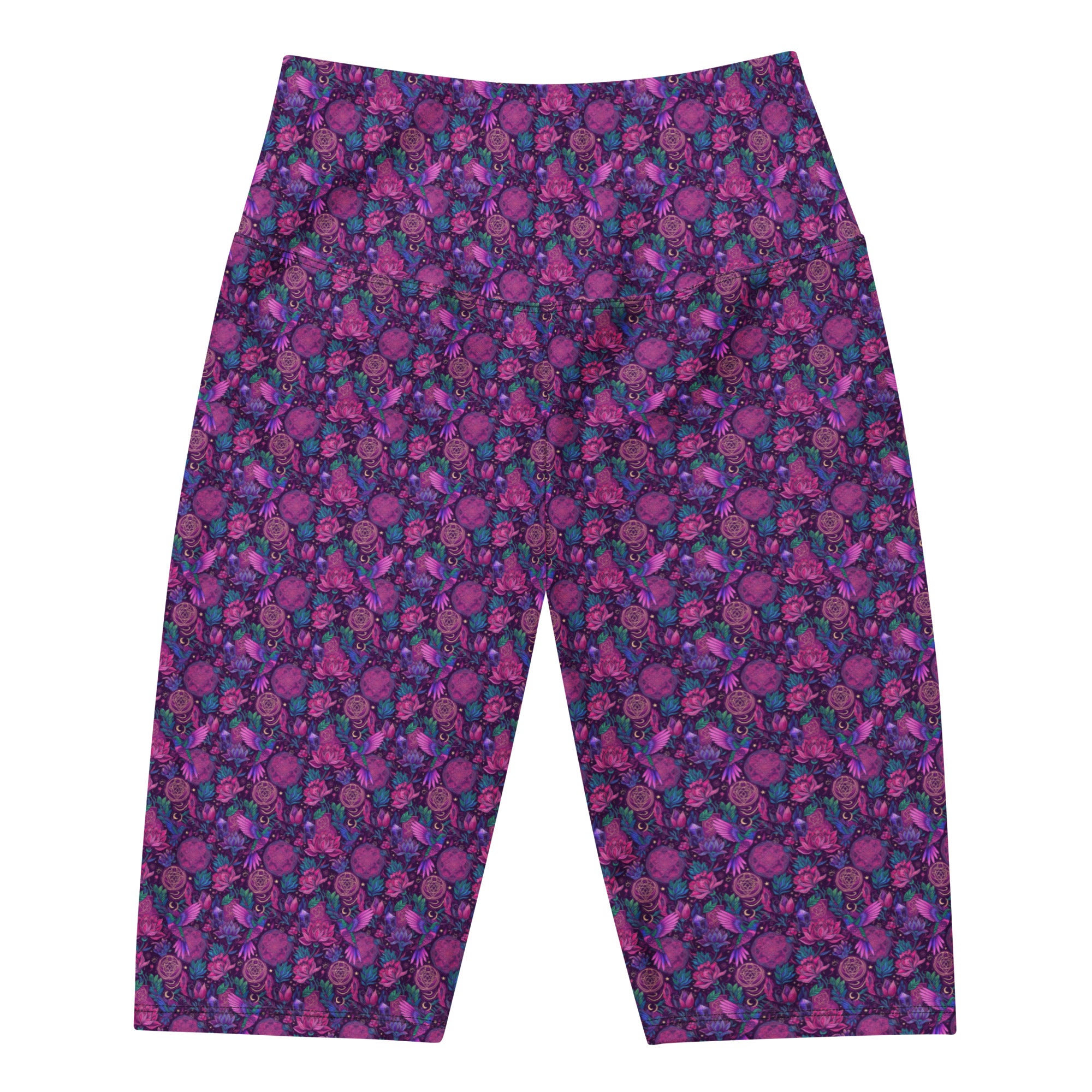 Women's hummingbird divination art bike shorts front view