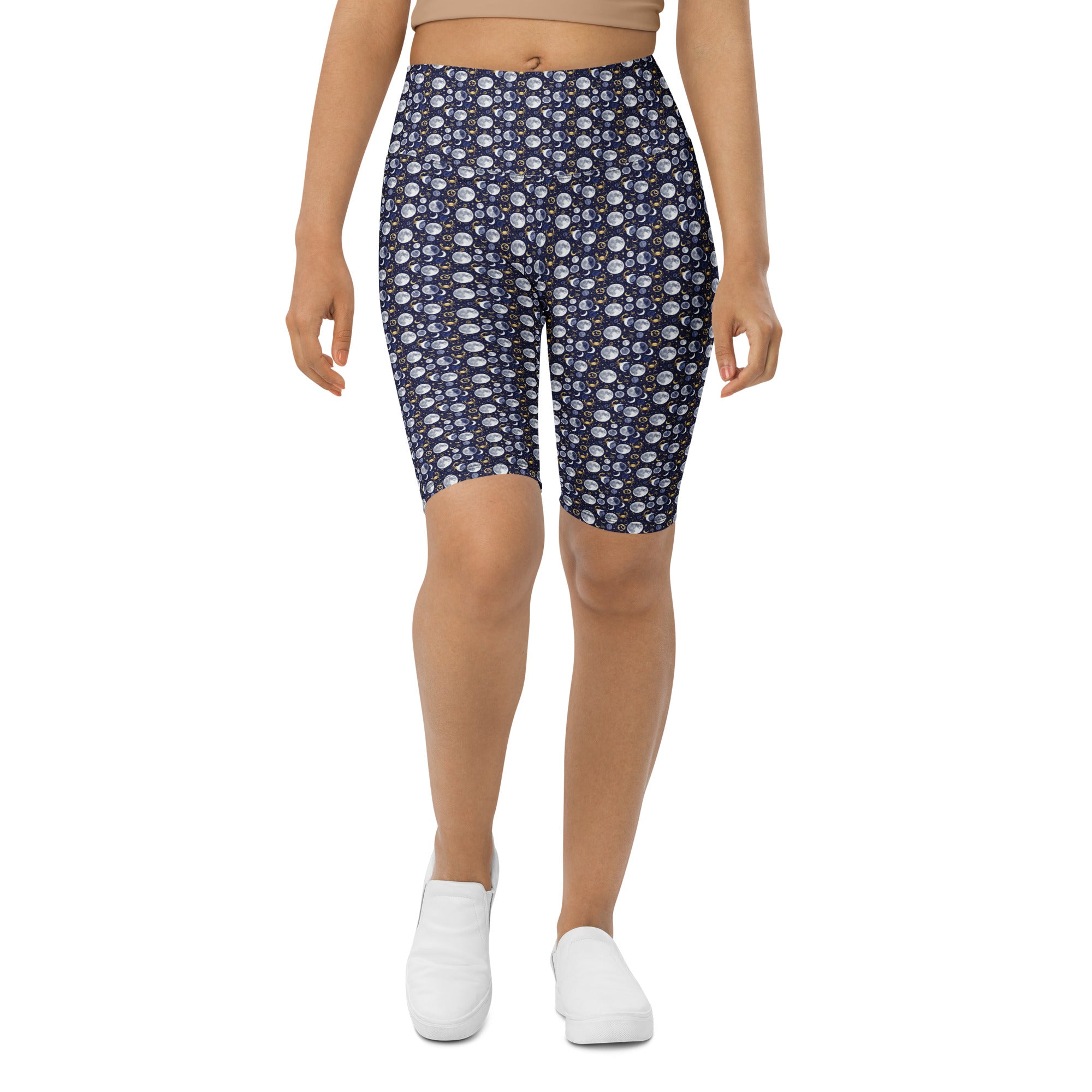 Women's moon phases printed bike shorts front view
