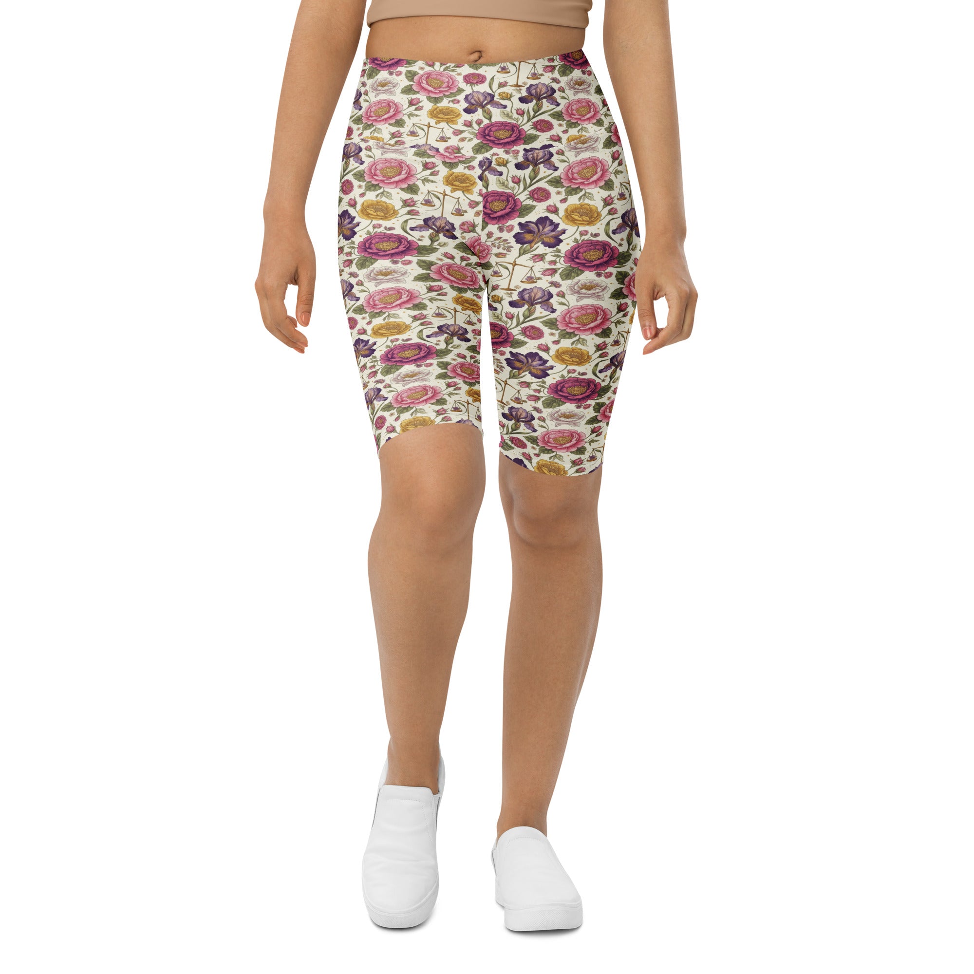 Women's floral libra balance printed bike shorts front view