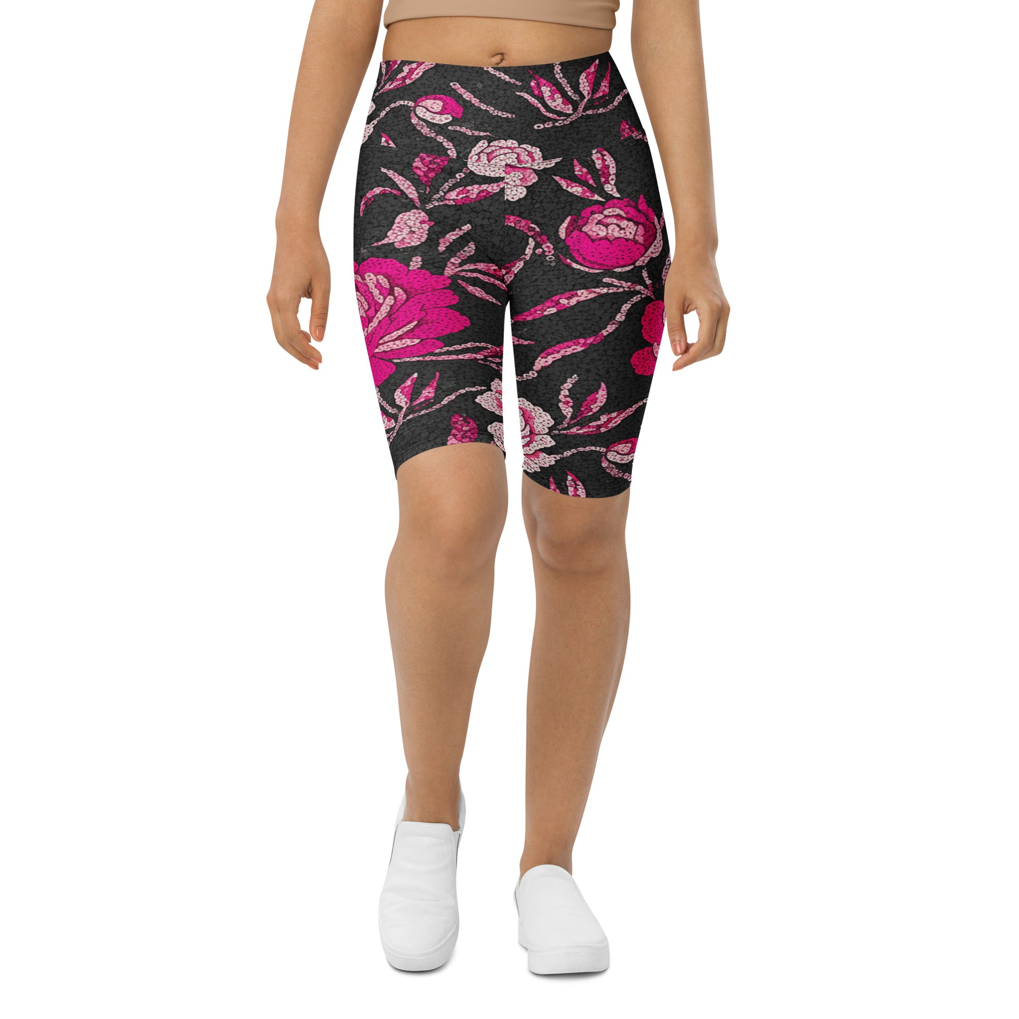 Women's pink peony paillette printed bike shorts front view