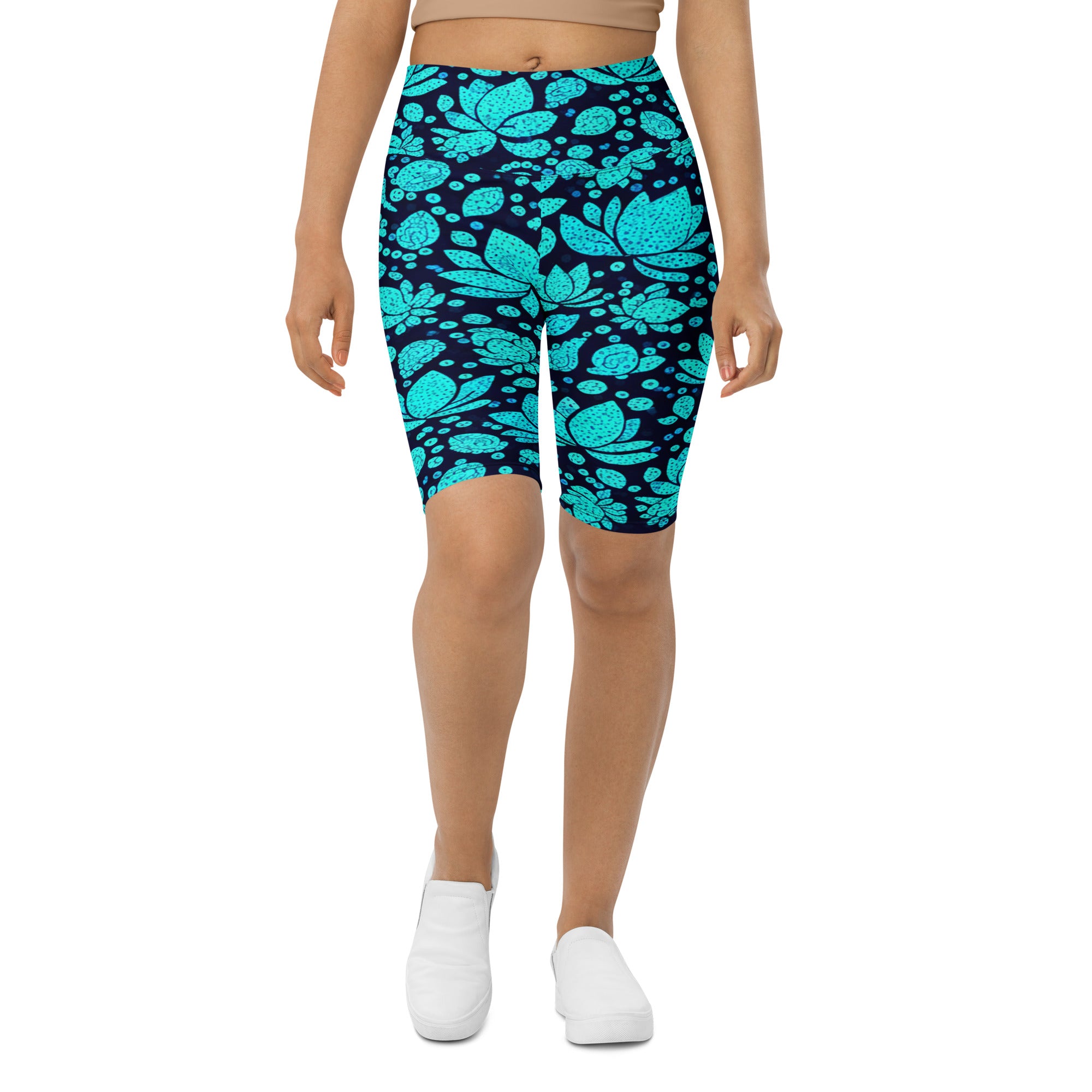 Teal Paillette Lotus Bike Shorts | GearBunch