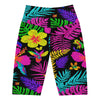 Women's rainbow paillette tropical bike shorts front view