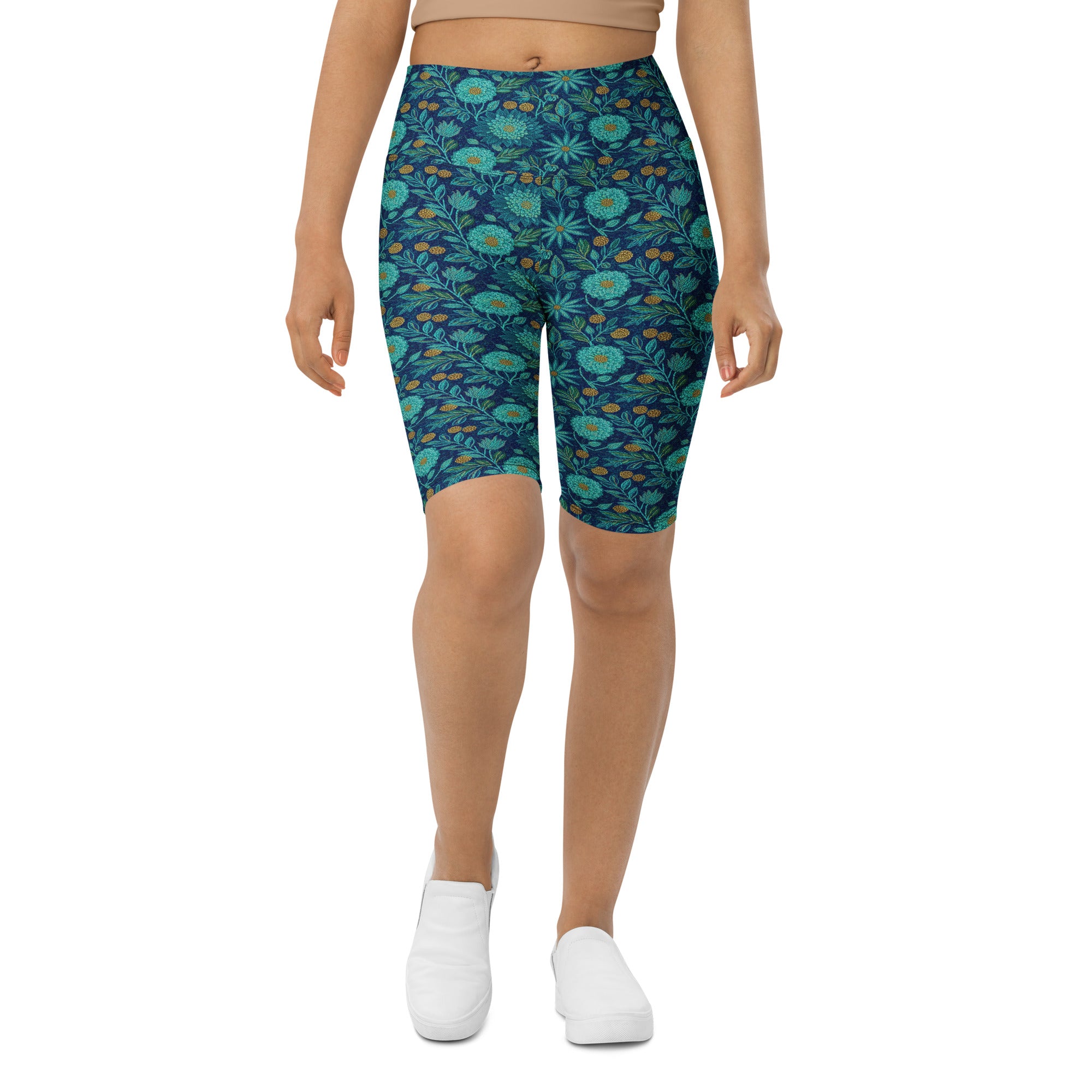 Women's teal lotus garden printed bike shorts front view