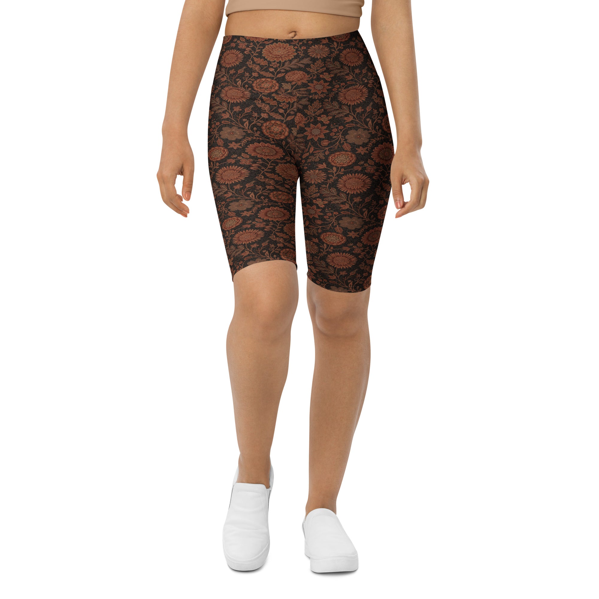 Women's copper paillette baroque print bike shorts front view