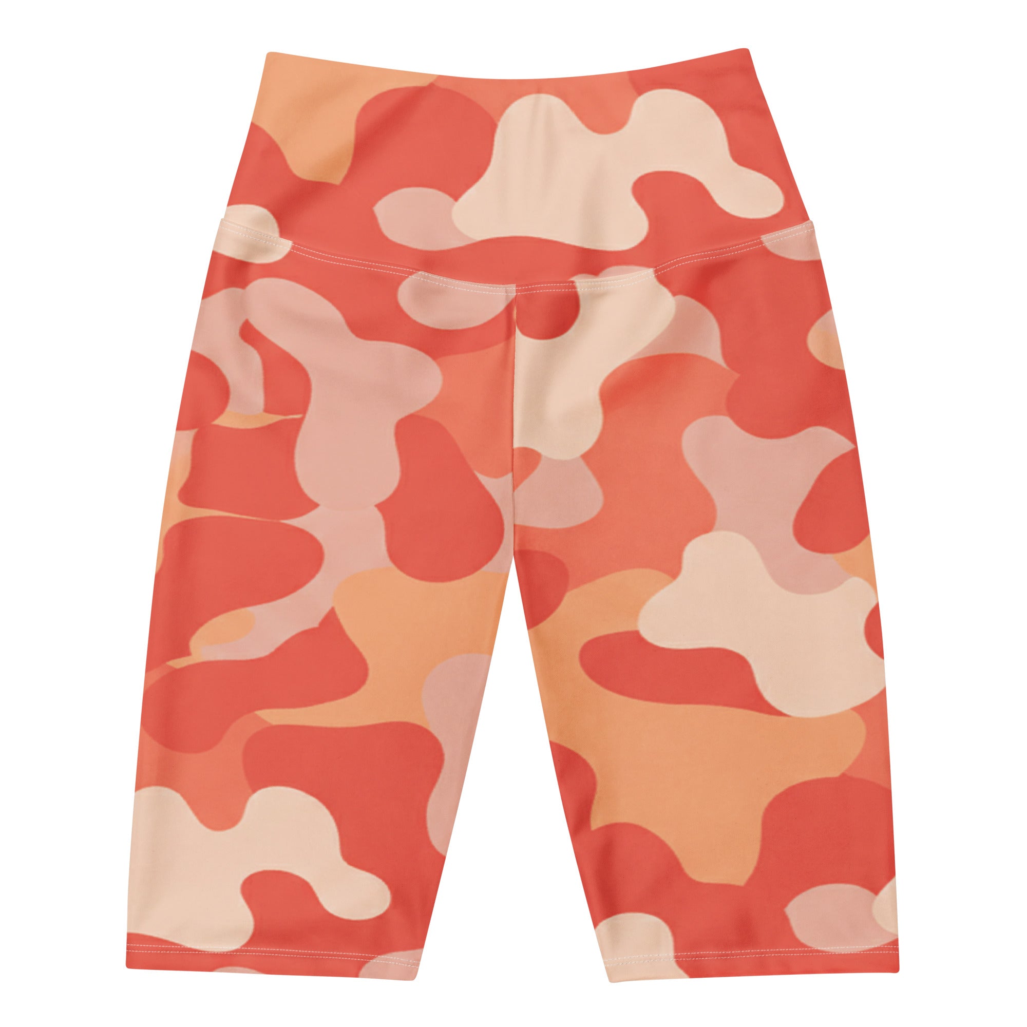 Women's coral sunset camo bike shorts front view