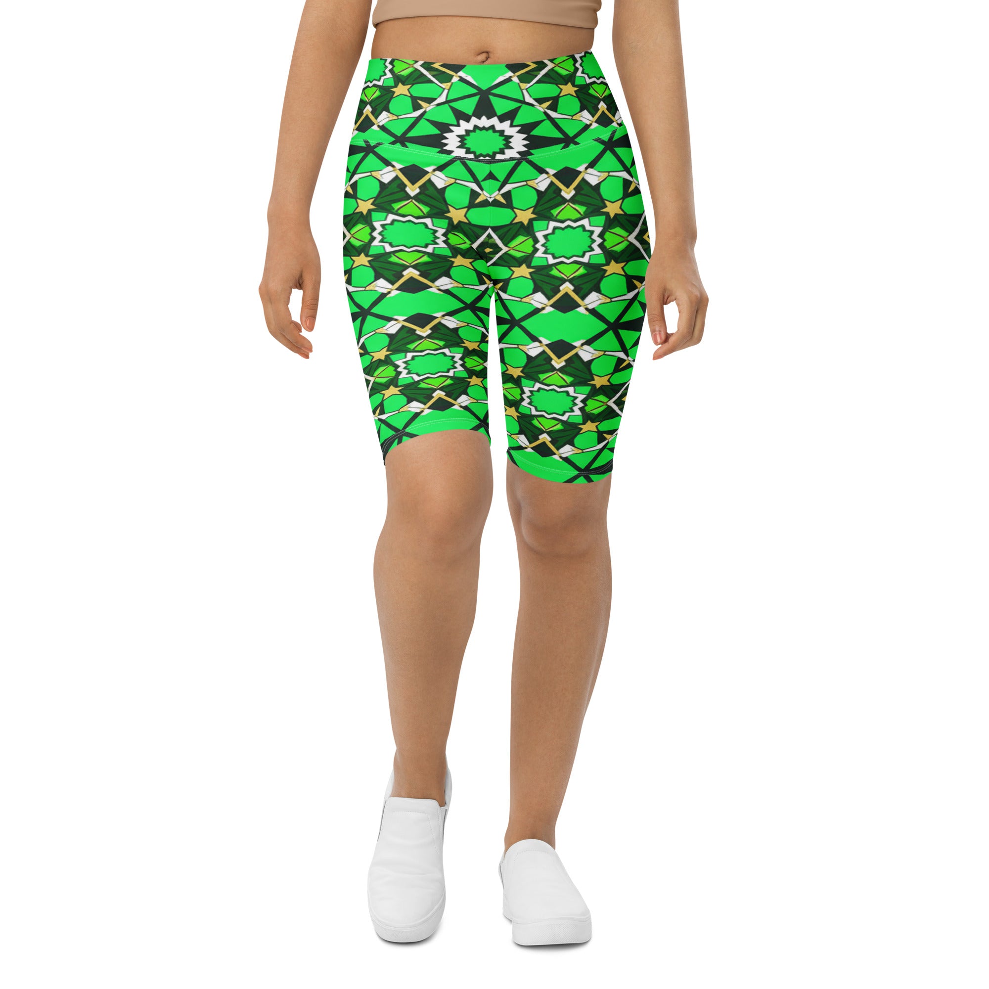 Women's zellige emerald gold bike shorts front view