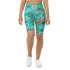 Women's turquoise coral pattern bike shorts front view