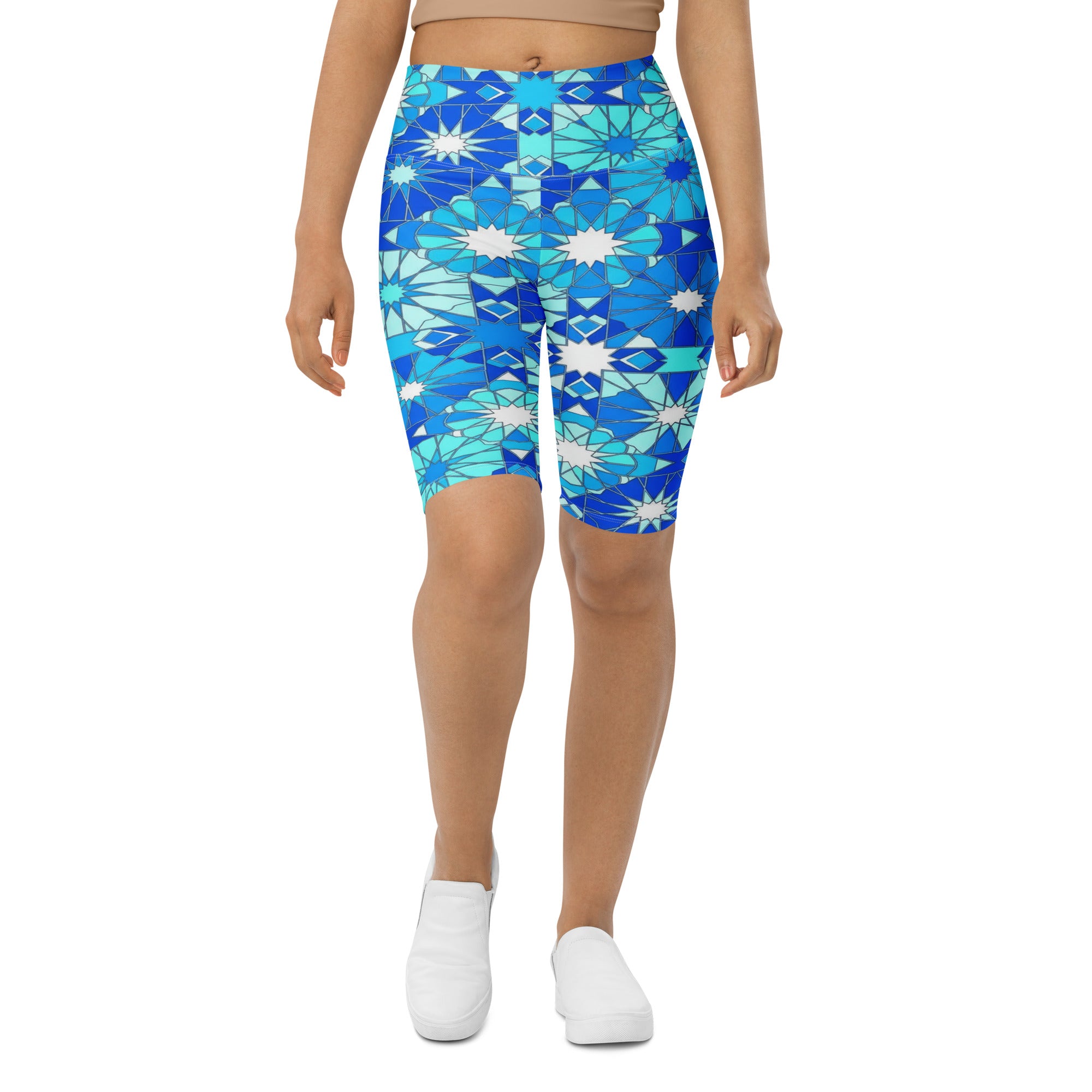 Women's geometric blue and white print bike shorts front view