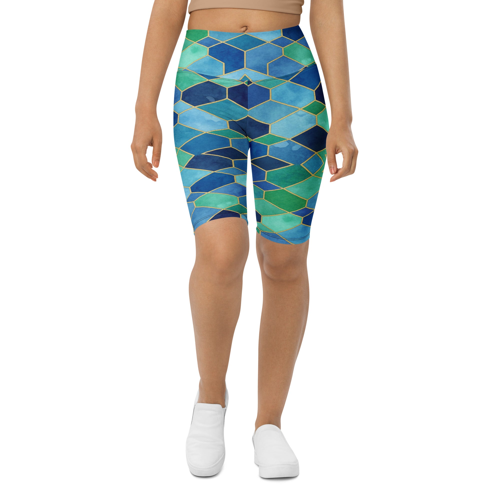 Women's ocean blues printed bike shorts front view