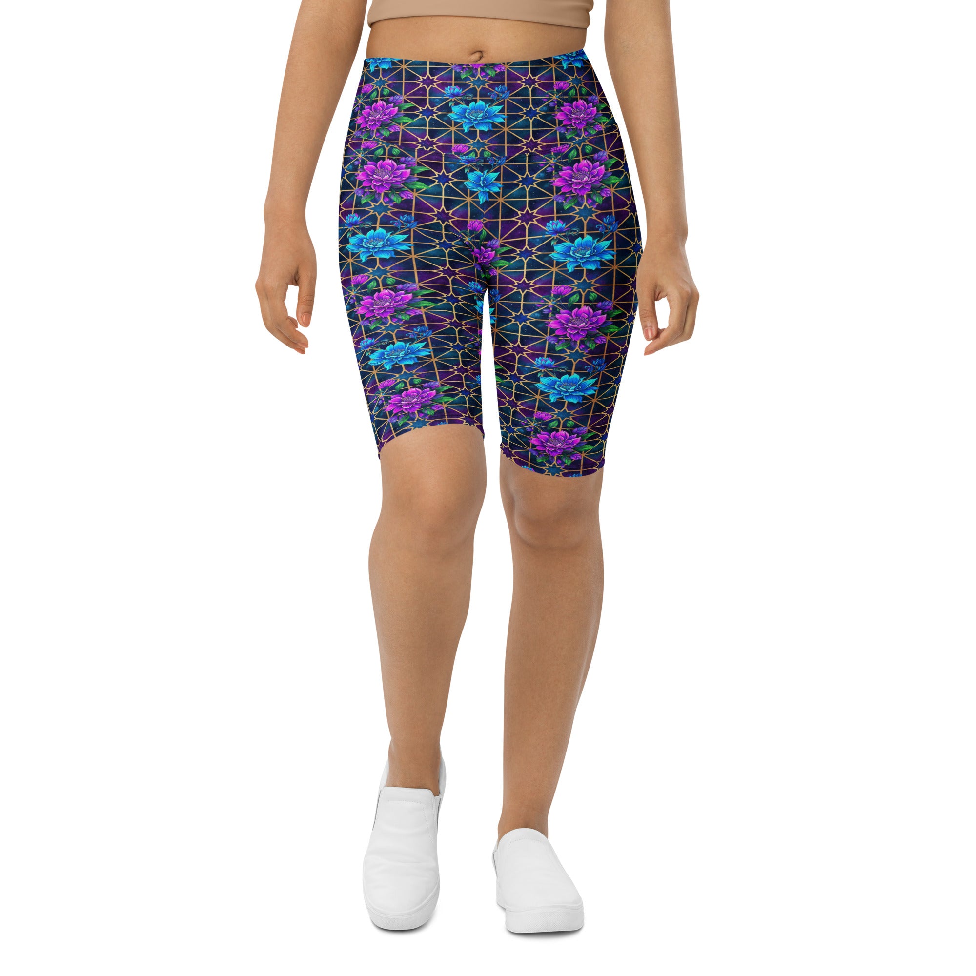 Women's midnight galaxy printed bike shorts front view