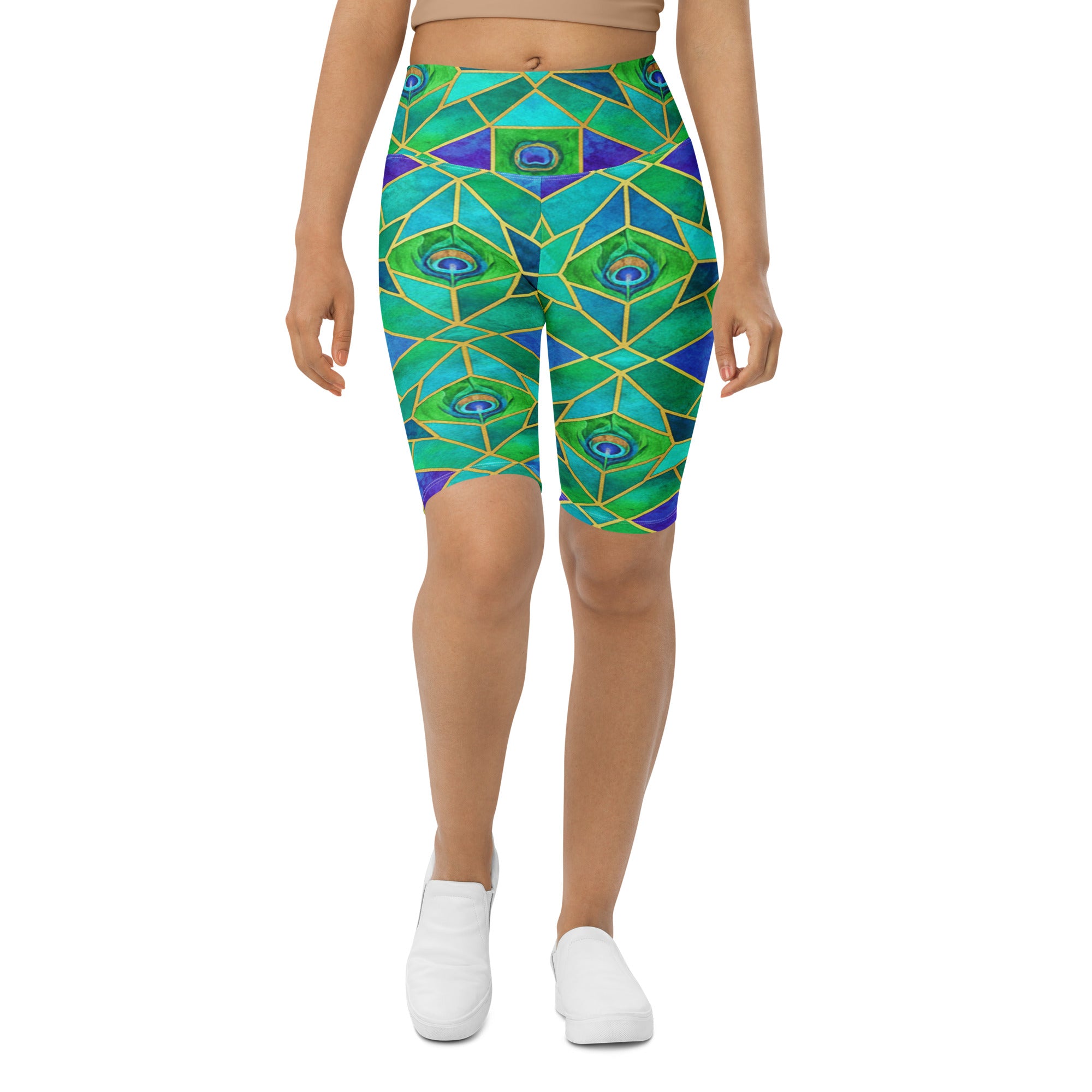 Women's peacock plume printed bike shorts front view