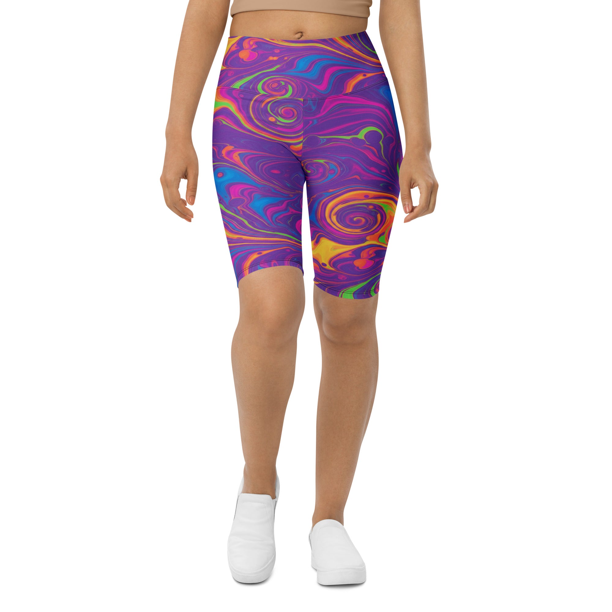 Women's liquid marble neon printed bike shorts front view