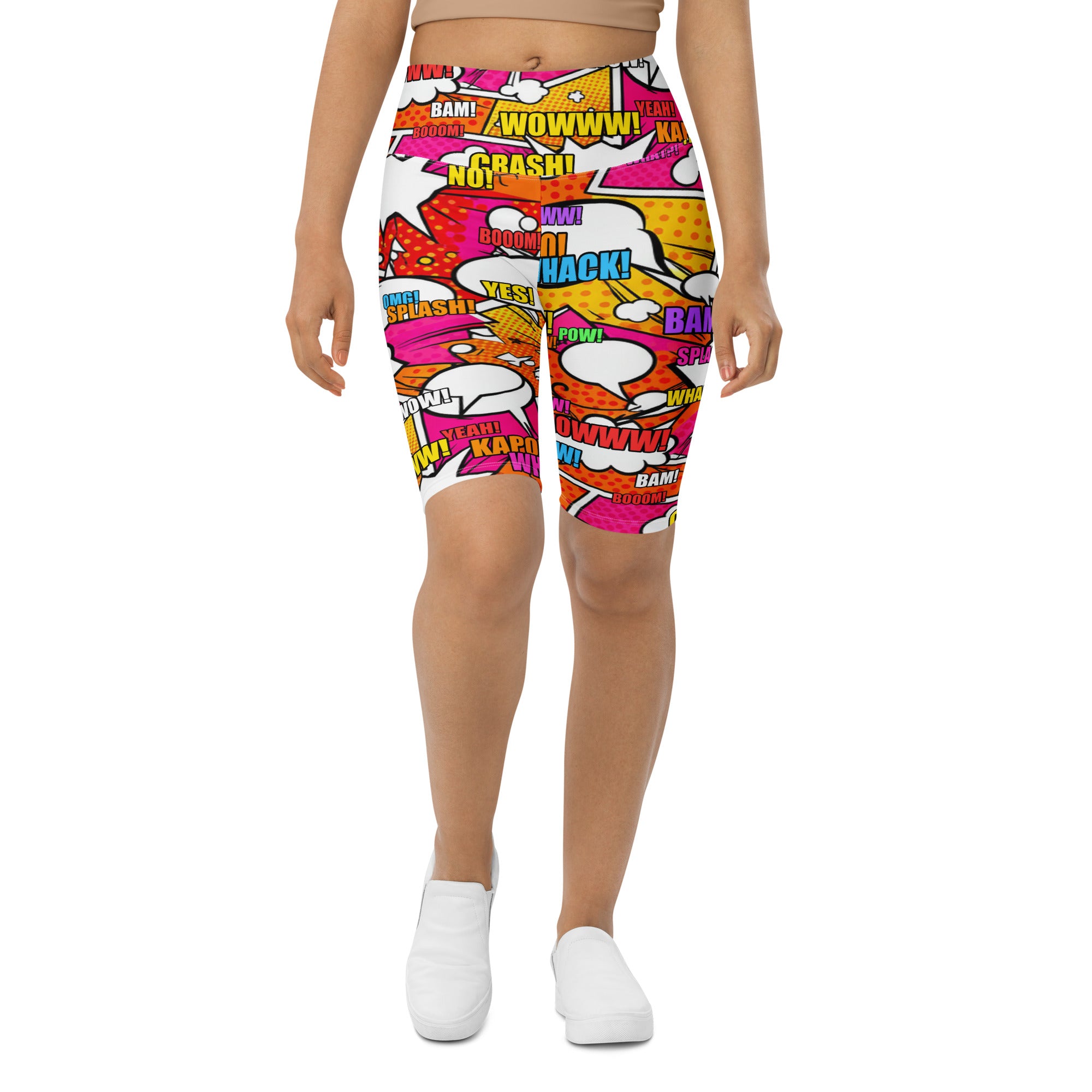 Women's comic pop sunset orange bike shorts front view