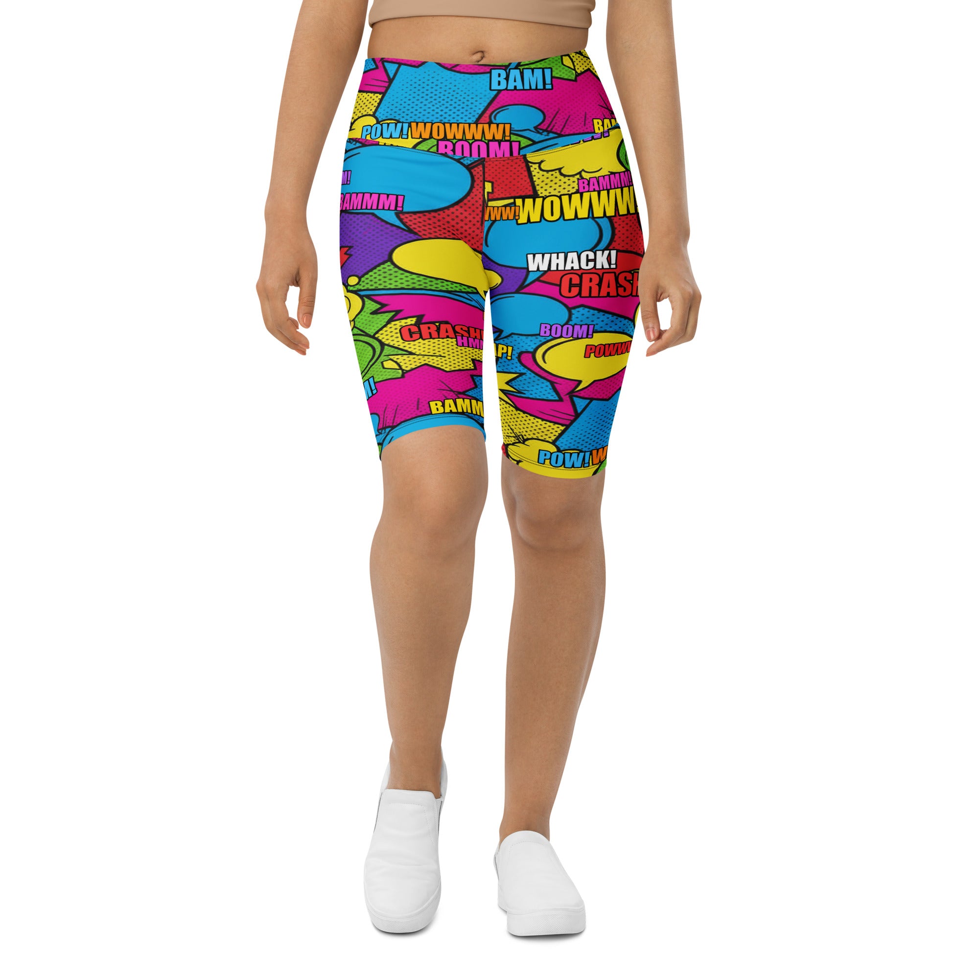 Women's comic strip retro sunday printed bike shorts front view