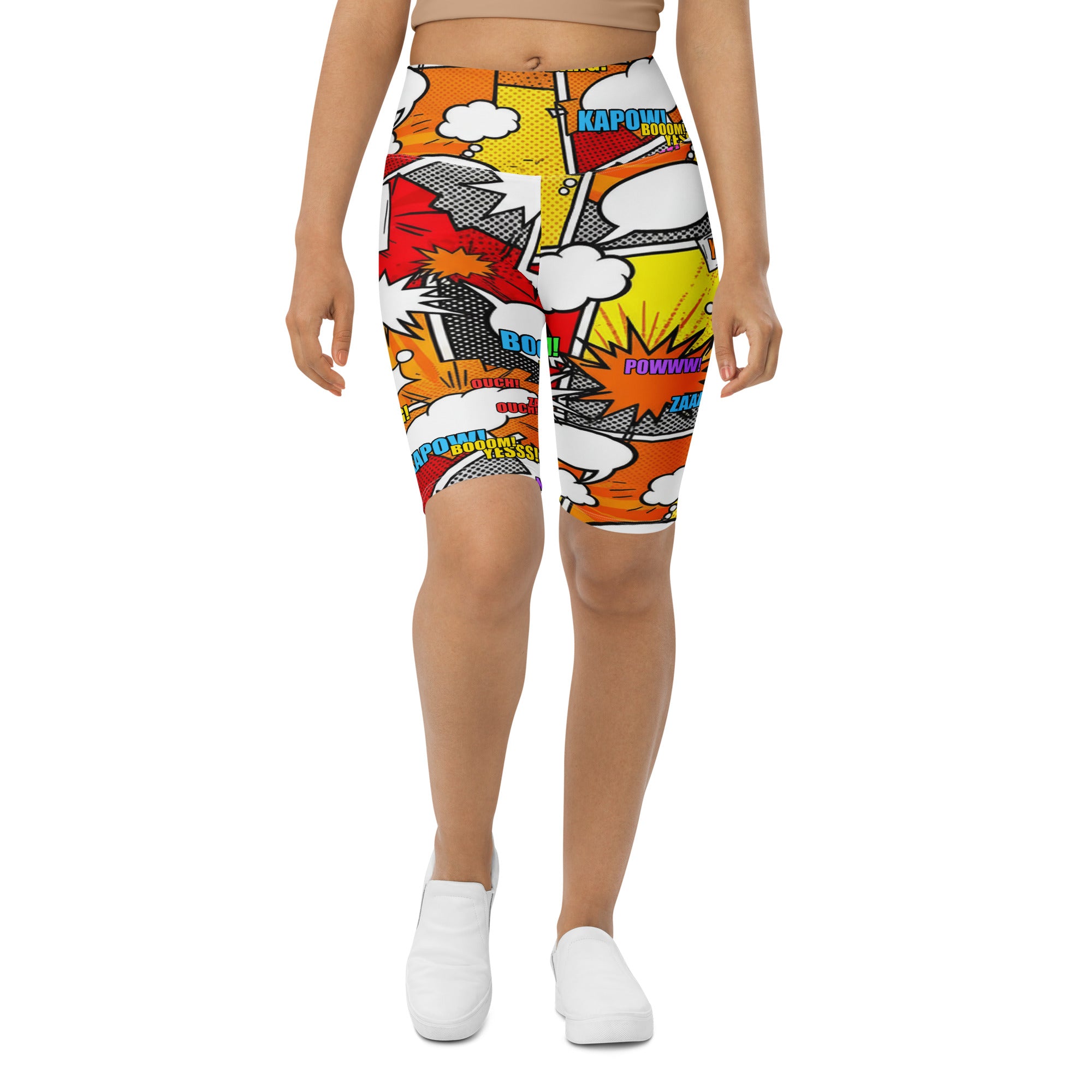Women's comic strip printed bike shorts front view