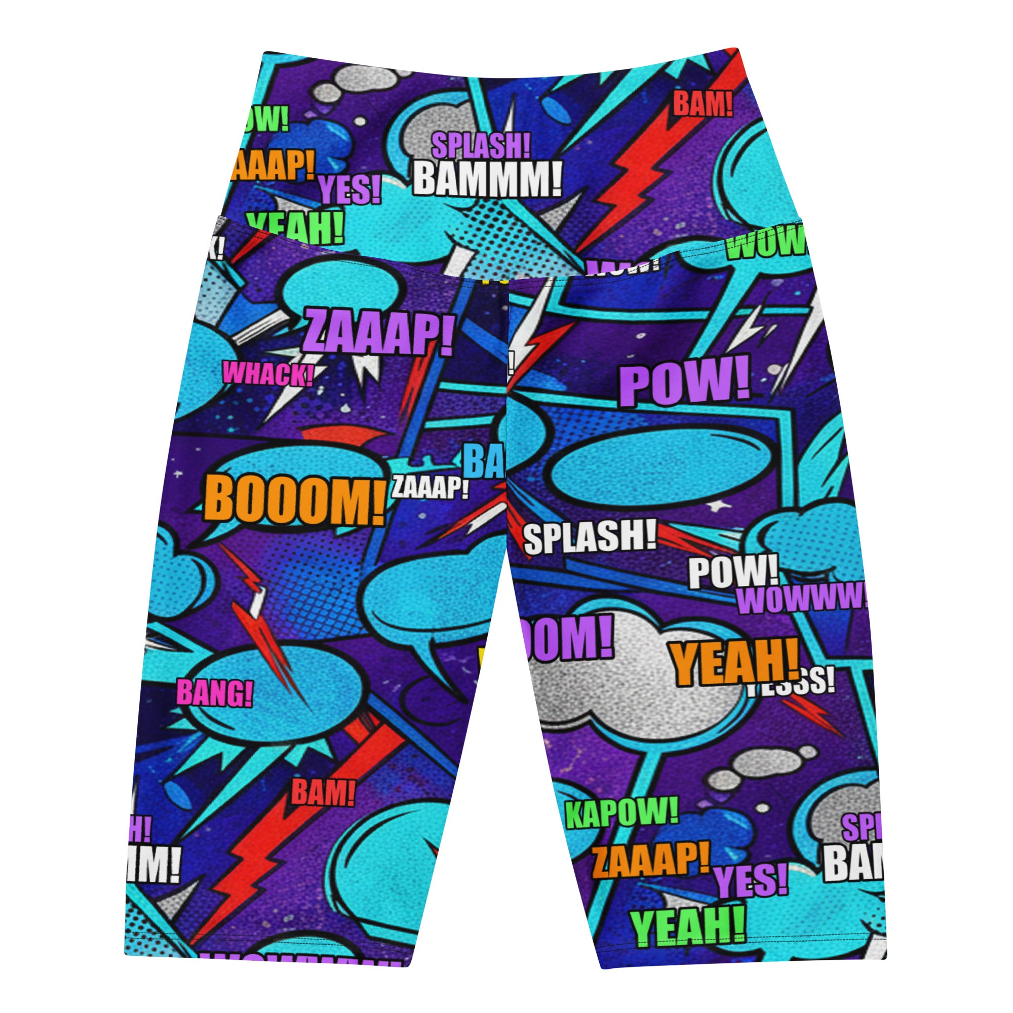 Women's comic strip space battle printed bike shorts front view