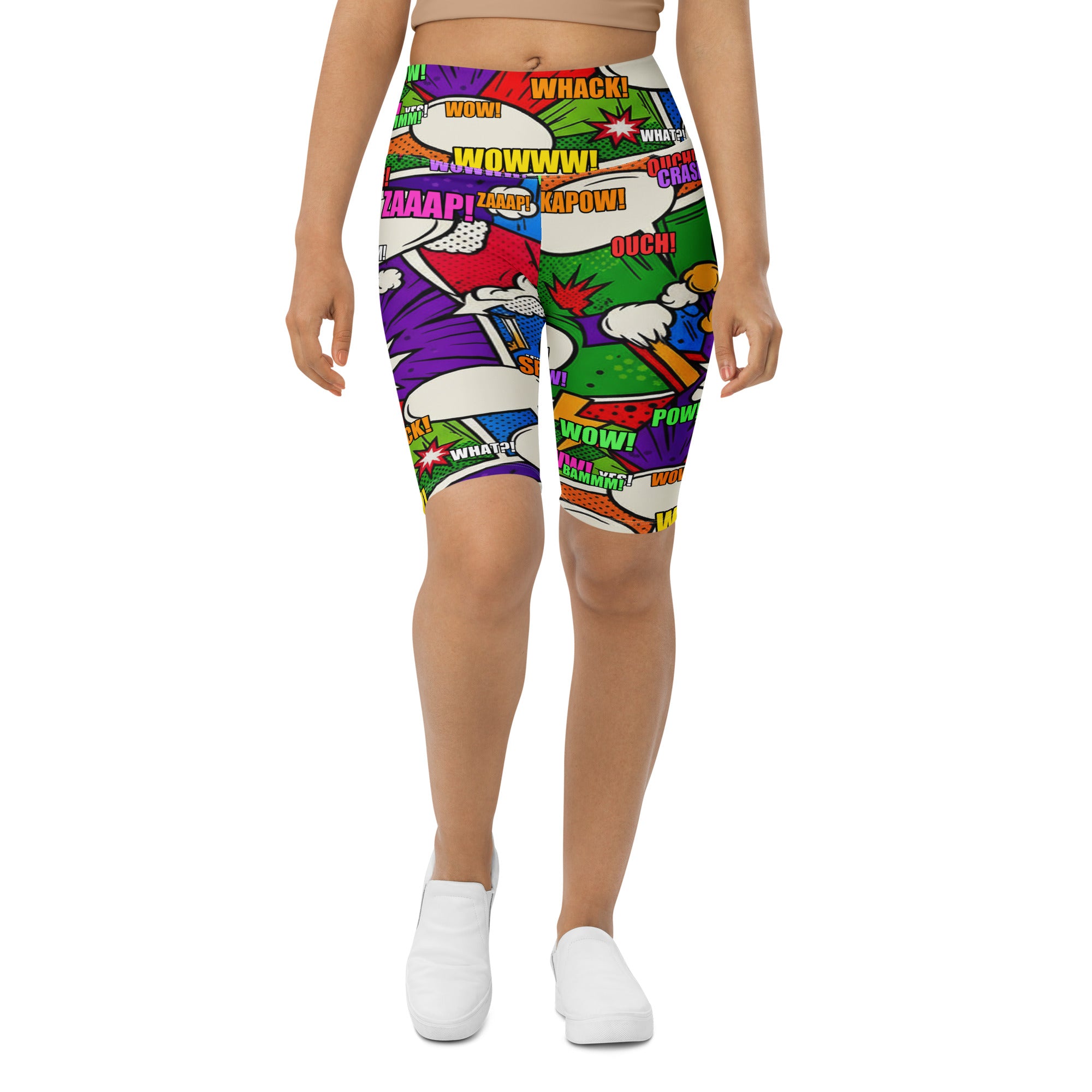 Women's comic strip monster mash printed bike shorts front view