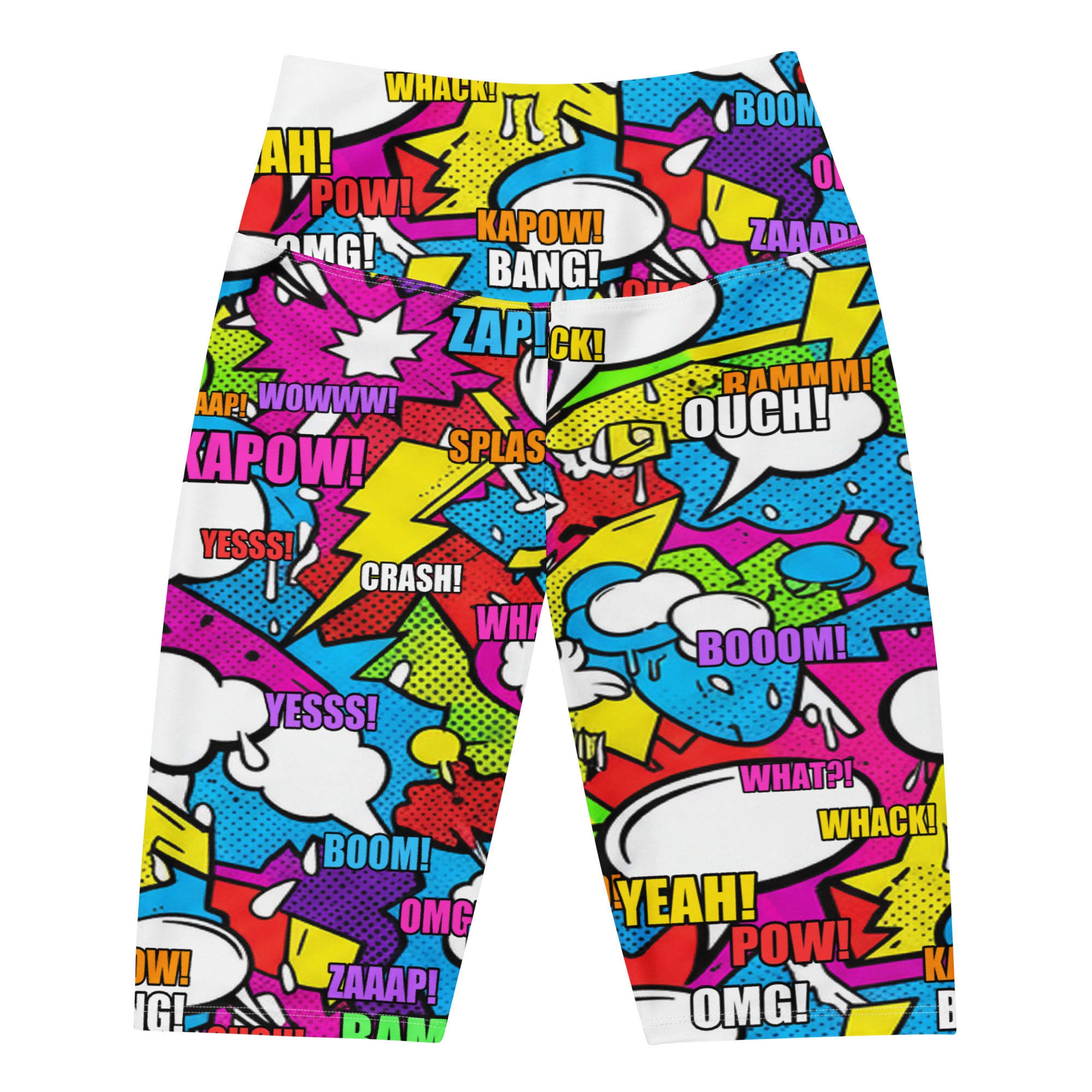 Women's comic strip graffiti street bike shorts front view