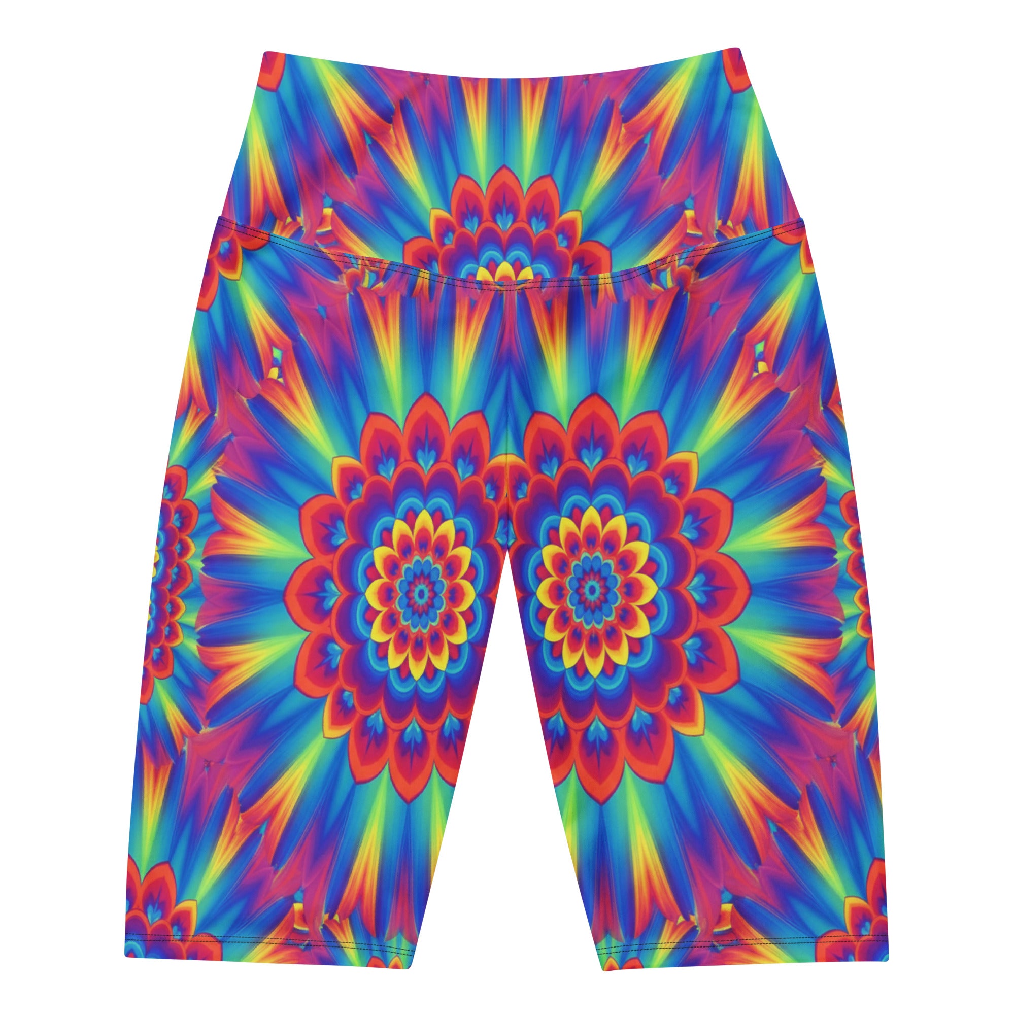 Women's psychedelic neon rainbow burst bike shorts front view
