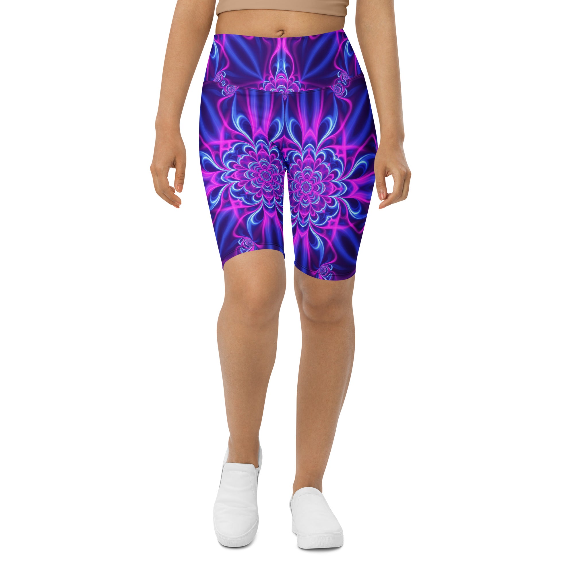 Women's ultraviolet bloom printed bike shorts front view