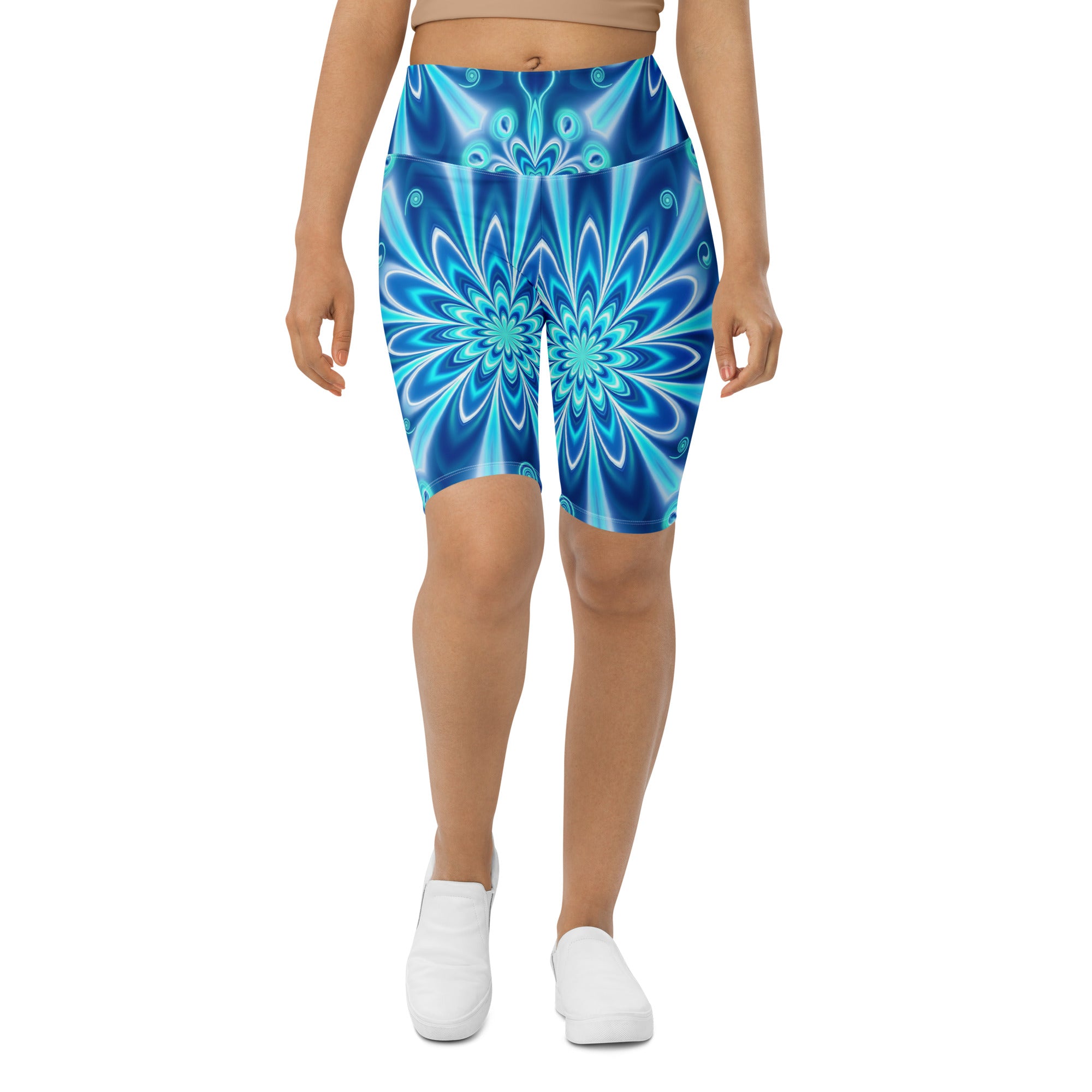Women's psychedelic electric ocean printed bike shorts front view