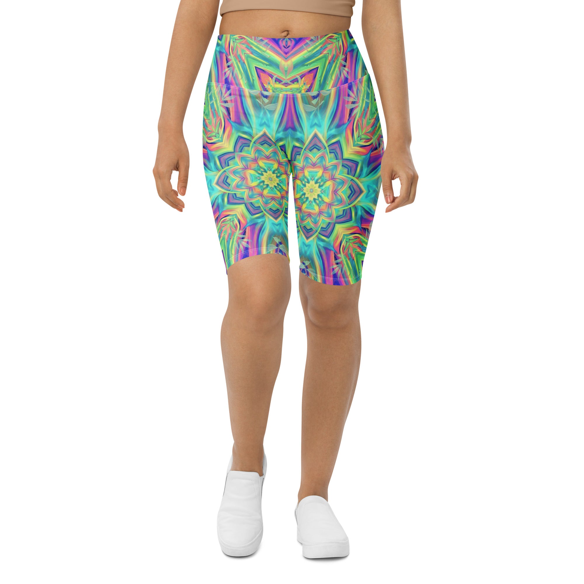 Women's psychedelic tropical laser bike shorts front view