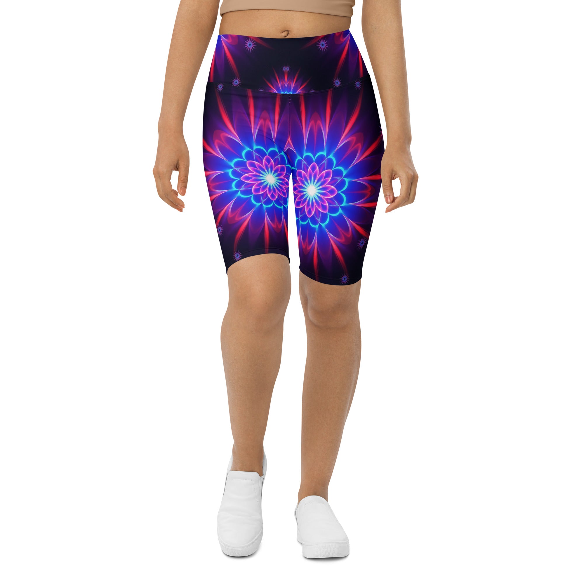 Women's psychedelic supernova printed bike shorts front view