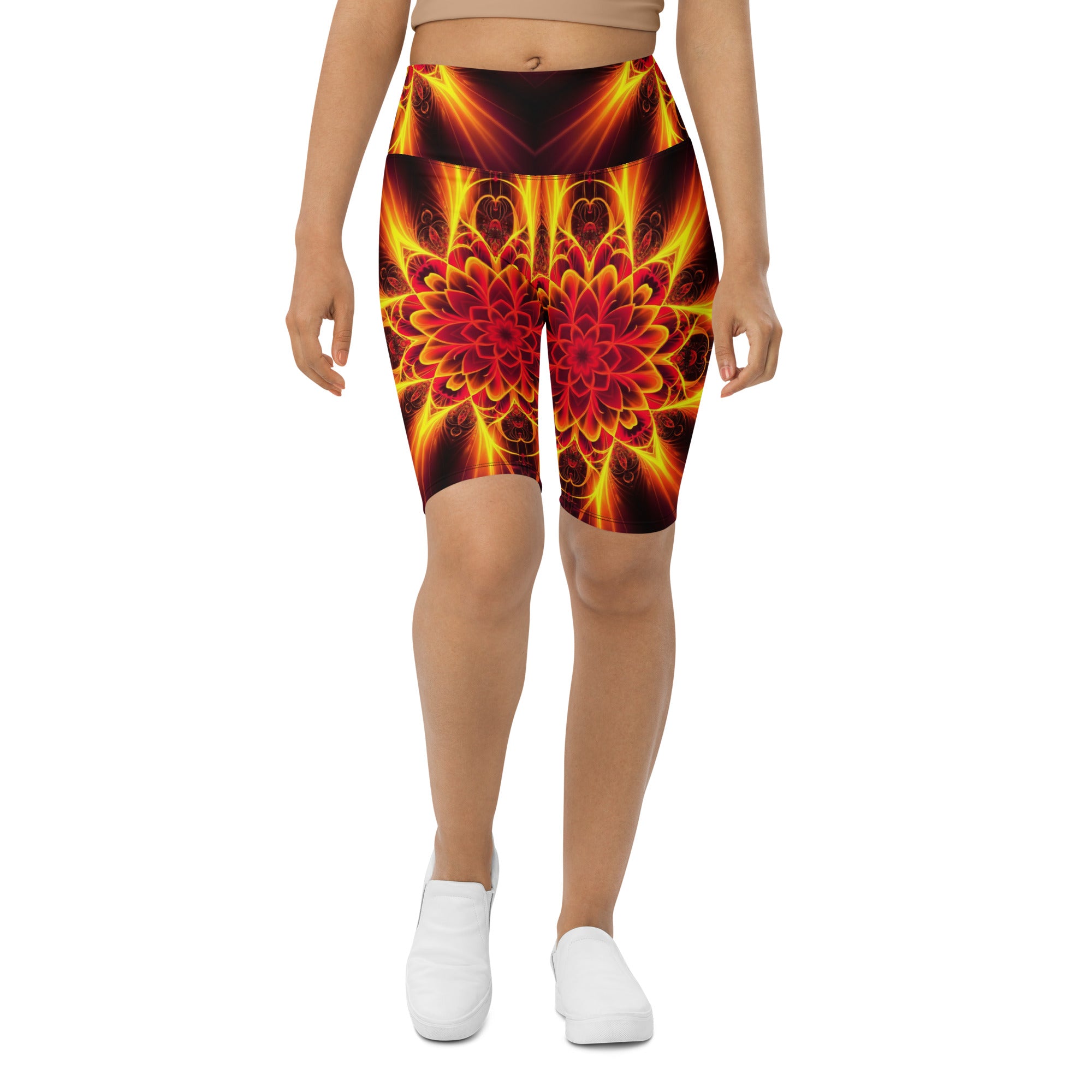 Women's psychedelic magma core printed bike shorts front view