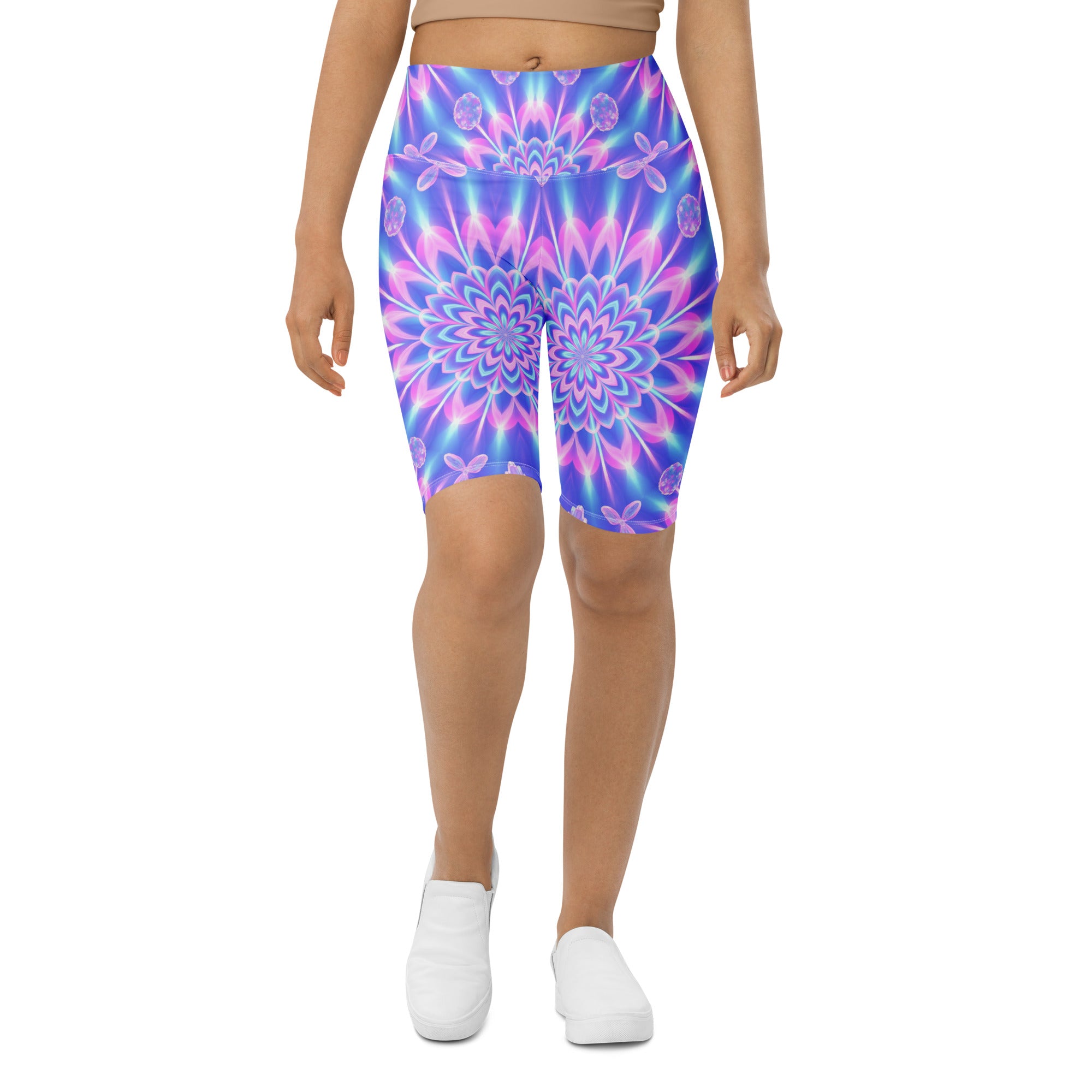 Women's psychedelic fairy ring printed bike shorts front view